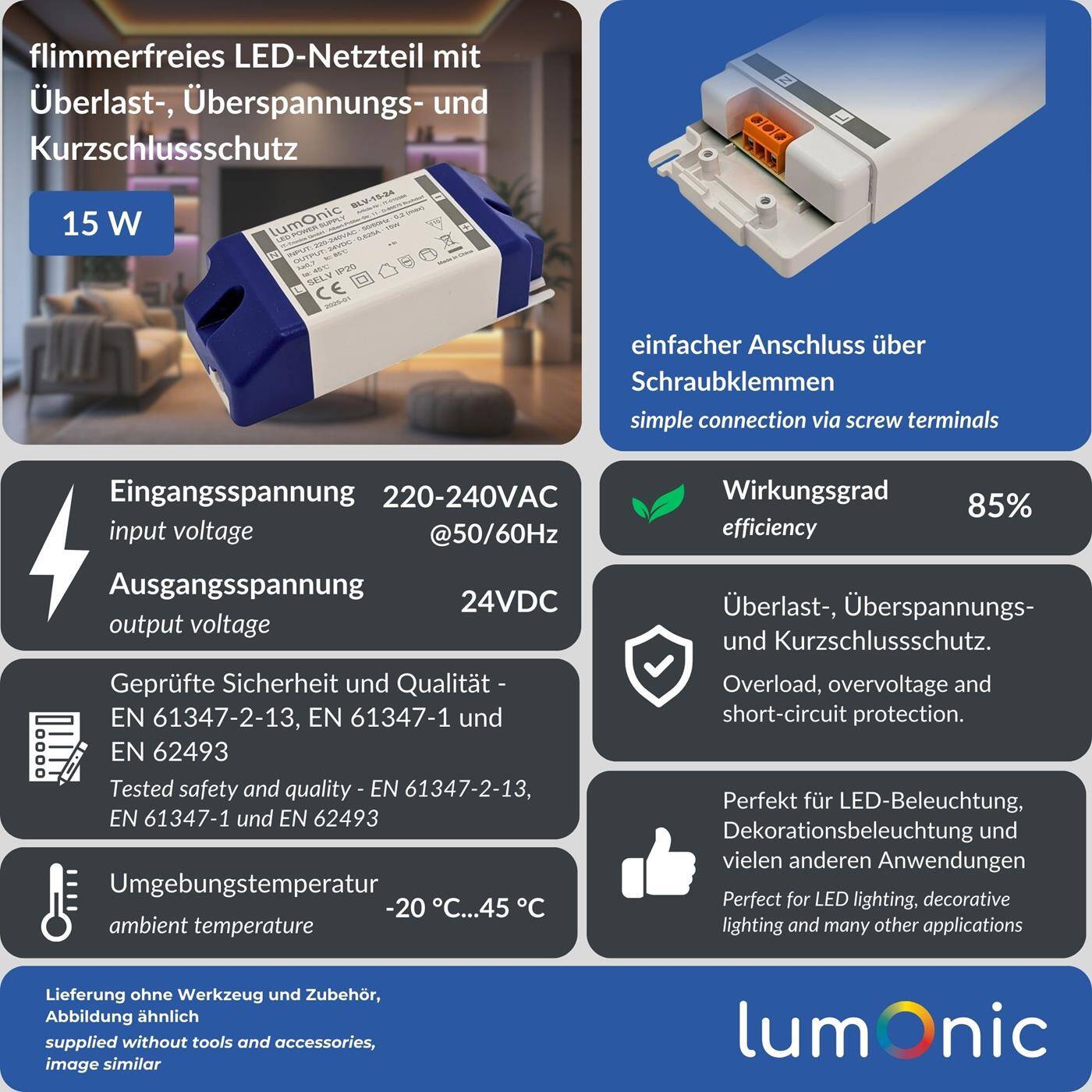 Lumonic I LED transformer BLV-15-24 I 24V 15W I Input 220-230VAC I flicker-free I Overload protection I LED power supply unit I for LED lighting