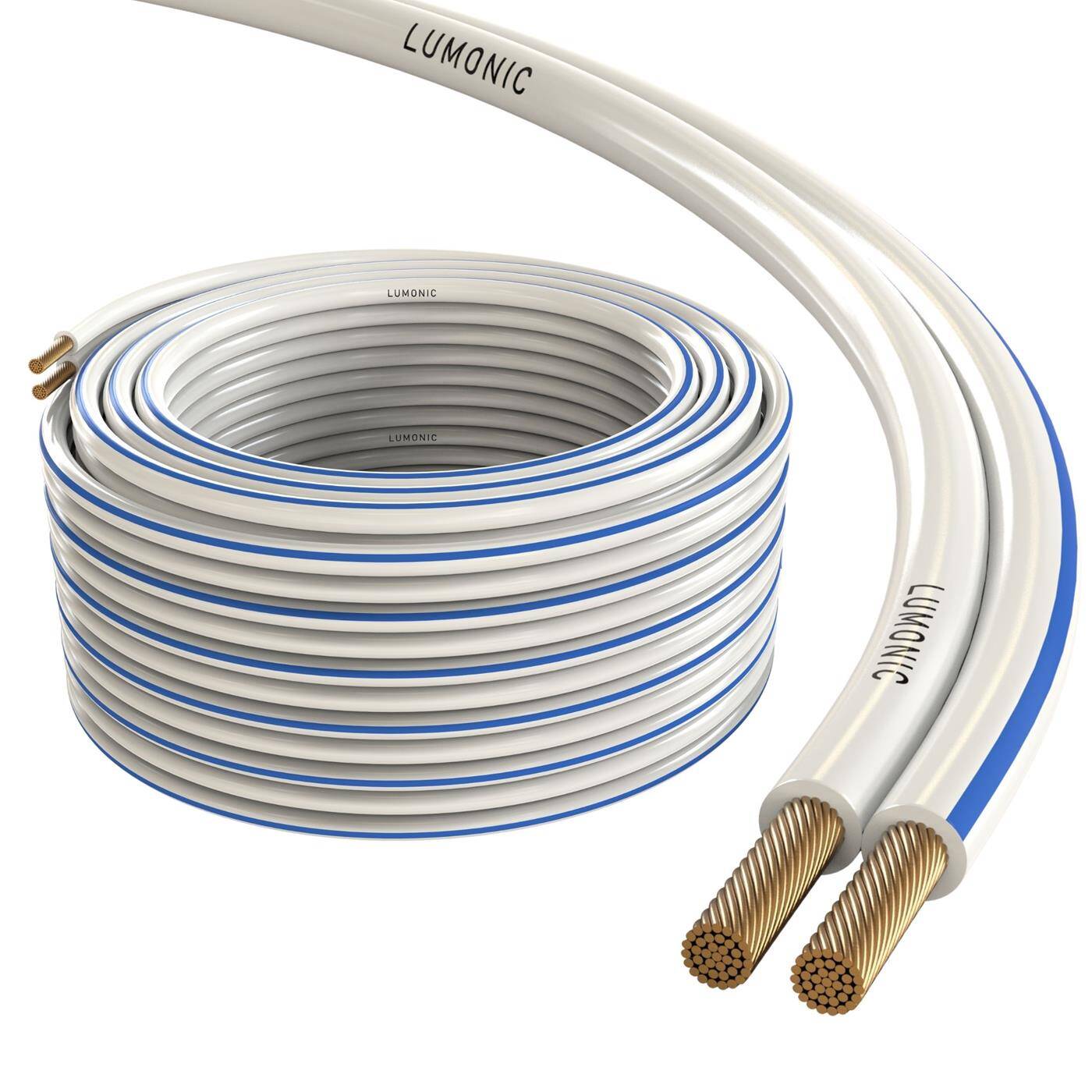 Lumonic Lautsprecherkabel | 10m Weiß | 2x 4mm² CCA | blaue Markierung HiFi Boxenkabel | Audio Zwillingsleitung