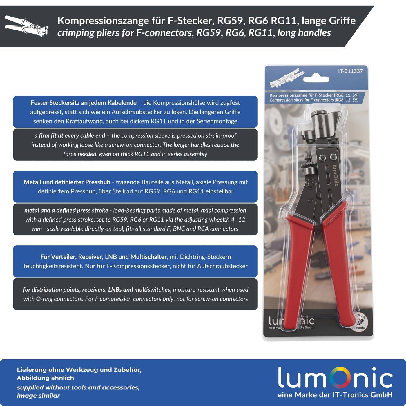 Lumonic Compression Pliers for F-Connectors, RG59, RG6, RG11, Long Handles - Adjustment Wheel for RG59, RG6, and RG11, Axial Compression, Metal, Longer Handles, for Coaxial Cables, Satellite Cables, Splitters