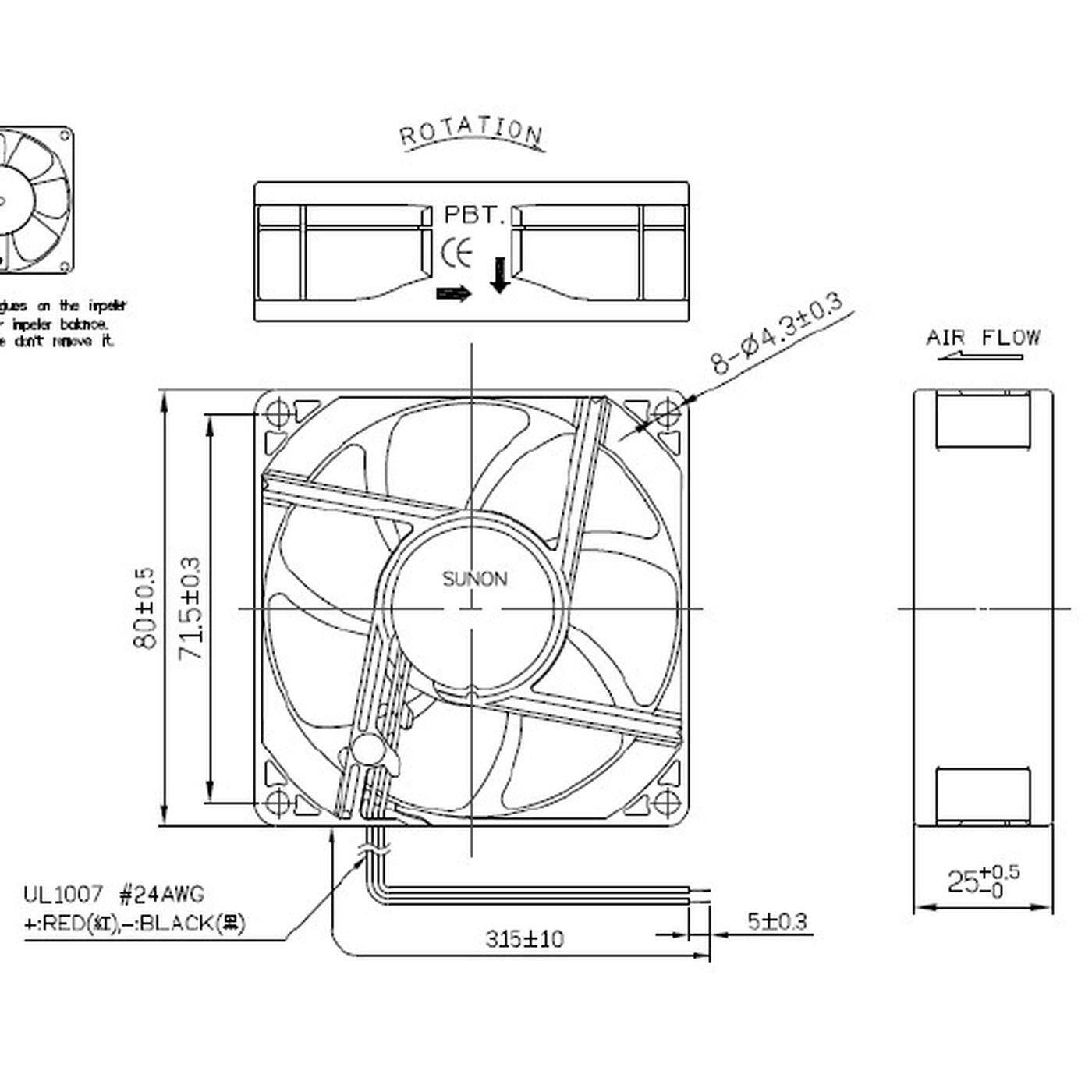 Lüfter 12V DC 1,42W 80x80x25mm 62,8m³/h 2900U/Min 62,8m³/h Sunon EE80251S21000U999