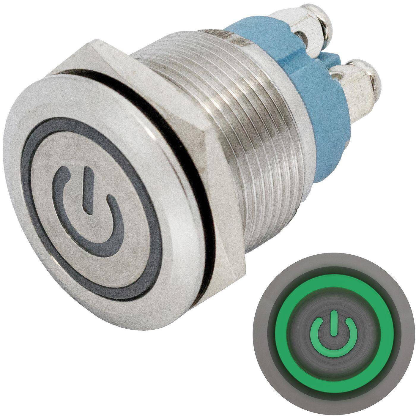 Lumonic Edelstahl Drucktaster flach 19mm Durchmesser I Mit einer Power LED in Grün Maße: Schraubanschluss 250V 3A I Vandalismussicher nach dem IP65 Standard