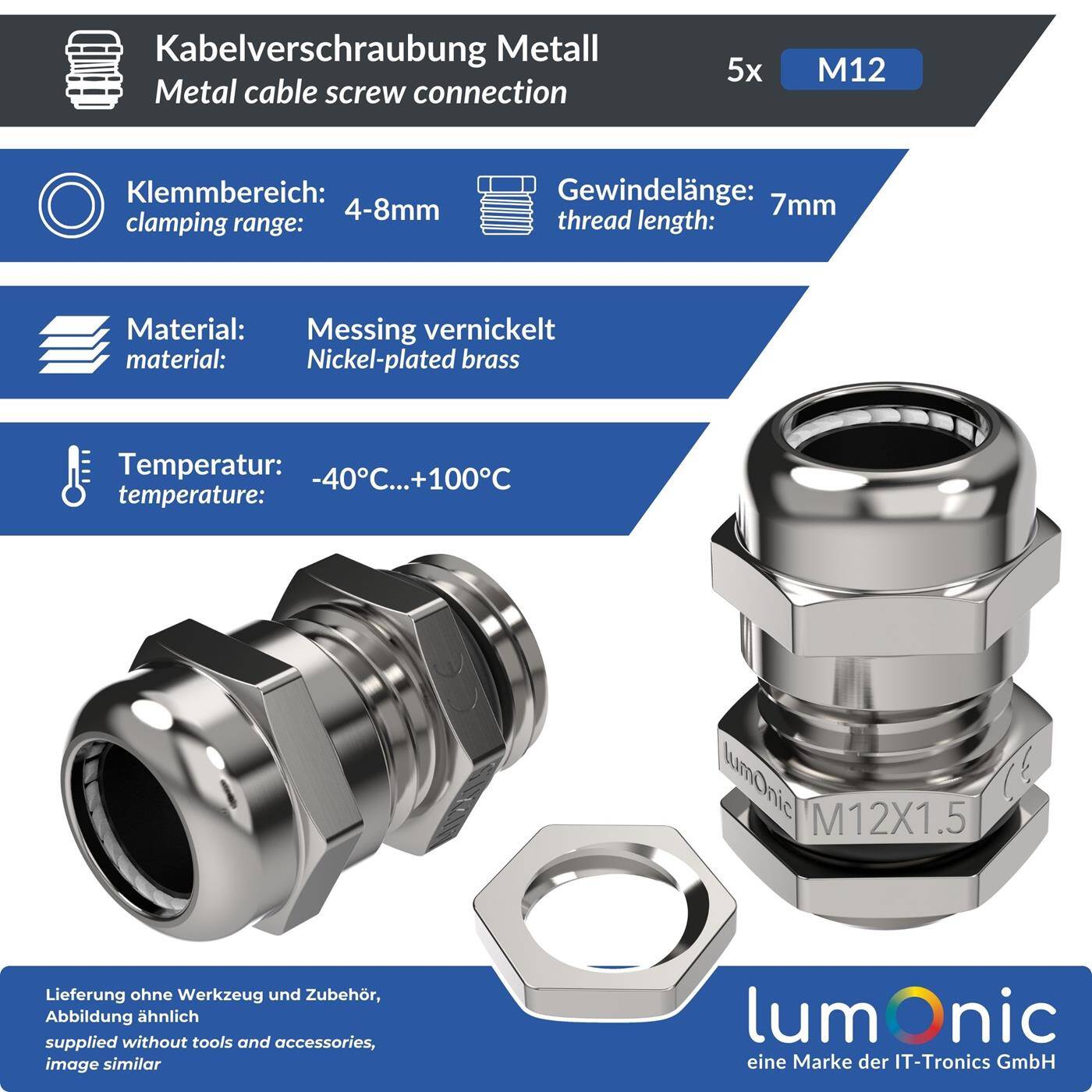 Lumonic Set of 5 metal cable glands M12 | Clamping range 4-8mm | IP68 | with locknut | Nickel-plated brass, EMC | -40...+100°C | corresponds to PG7