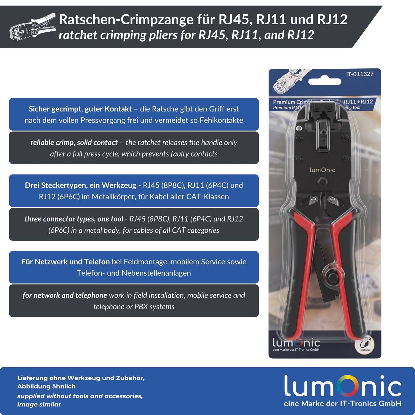 Lumonic Ratchet Crimping Pliers for RJ45, RJ11, and RJ12 - Ratchet mechanism, metal body, RJ45, RJ11, and RJ12, for all CAT classes, network and telephone
