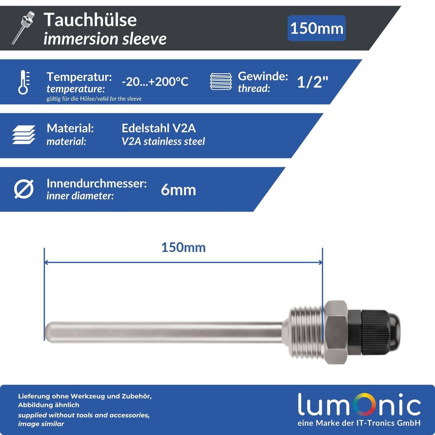 Lumonic Set of 2 immersion sleeves V2A stainless steel 1/2 inch | 150mm Installation length | Perfect fit for 6mm temperature sensors | for buffer storage, heating, solar + smart home