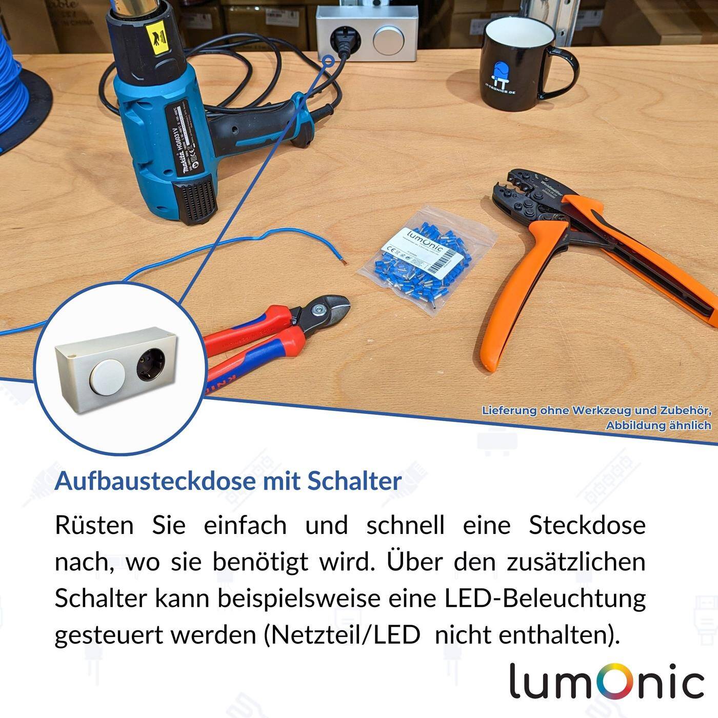Lumonic MiniBox 1x Schuko Steckdose + 1x Schalter Tischsteckdose silber I Steckdose mit 230V max. 3600W I Perfekt für den Spiegelschrank und Werkstatt
