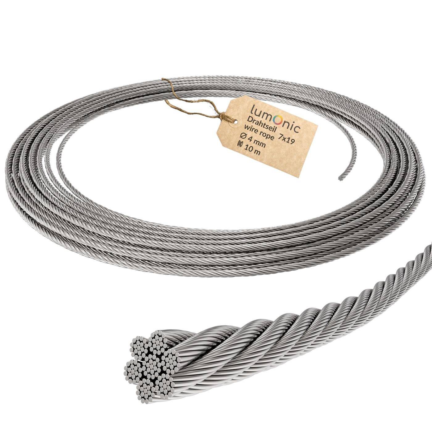 Lumonic Drahtseil 7x19 |  10m Ø4mm| V4A Edelstahl rostfrei | Stahlseil mit verzinnten Enden | für Rankhilfe, Wäscheleine, Lampen, Sichtschutz, Sonnensegel