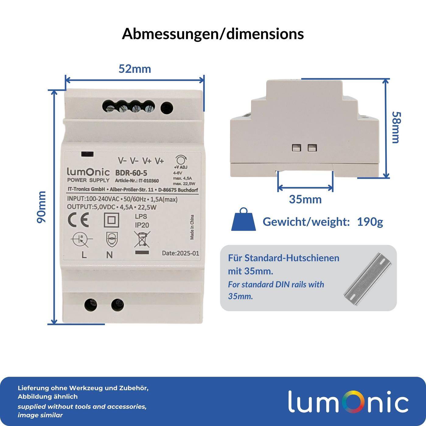 Lumonic I Netzteil Hutschiene BDR-60-5 I 5V / 22,5W I Input 100-240VAC I Überlastschutz & kurzschlussfest I DIN-Rail Schaltnetzteil I Schaltschrank & Verteilerkasten