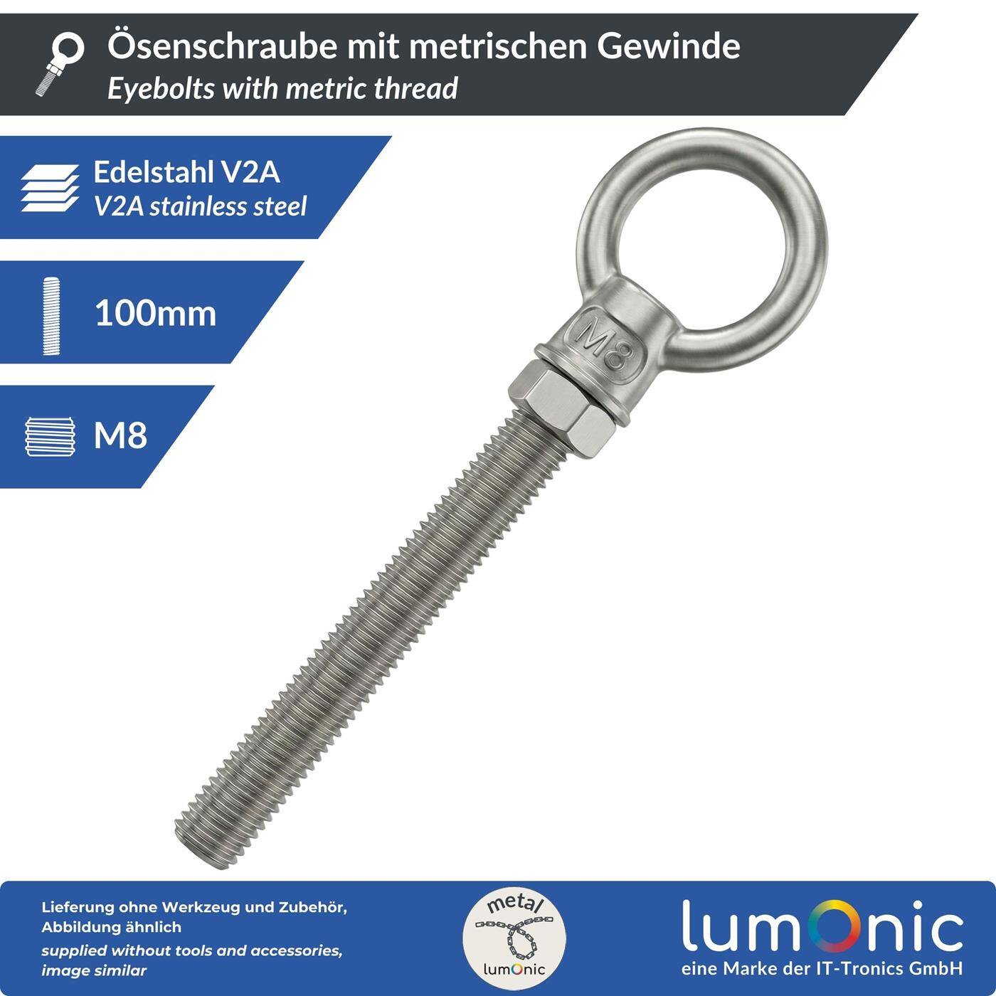 Lumonic Eye bolt V2A stainless steel incl. nut + washer | M8x100mm |  | Push-through mounting | Eyebolt for awning, hammock, swing + chains