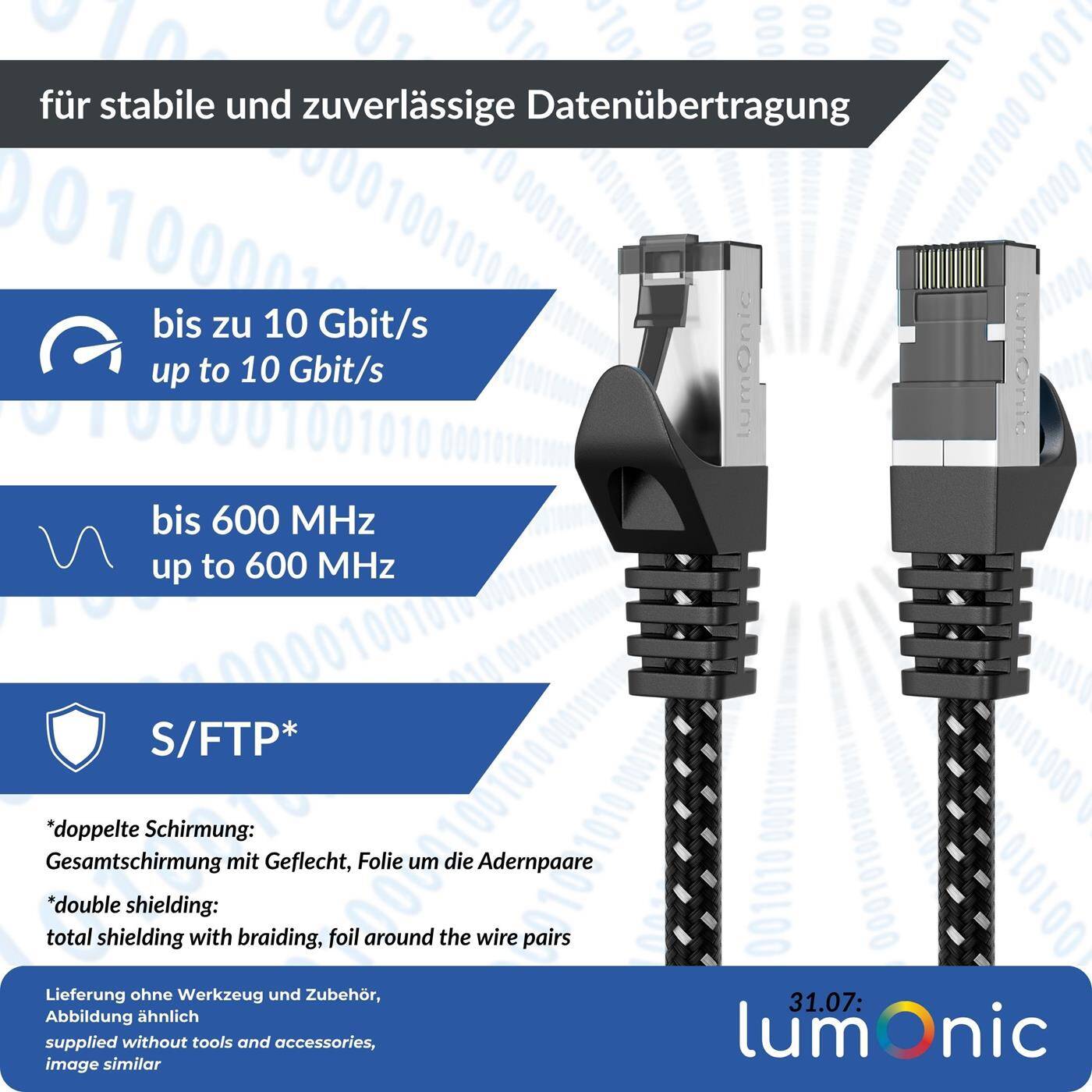 5m CAT7 Patchkabel S/FTP RJ45 Schwarz Weiß Premium Nylon Optik Ethernet LAN Netzwerkkabel