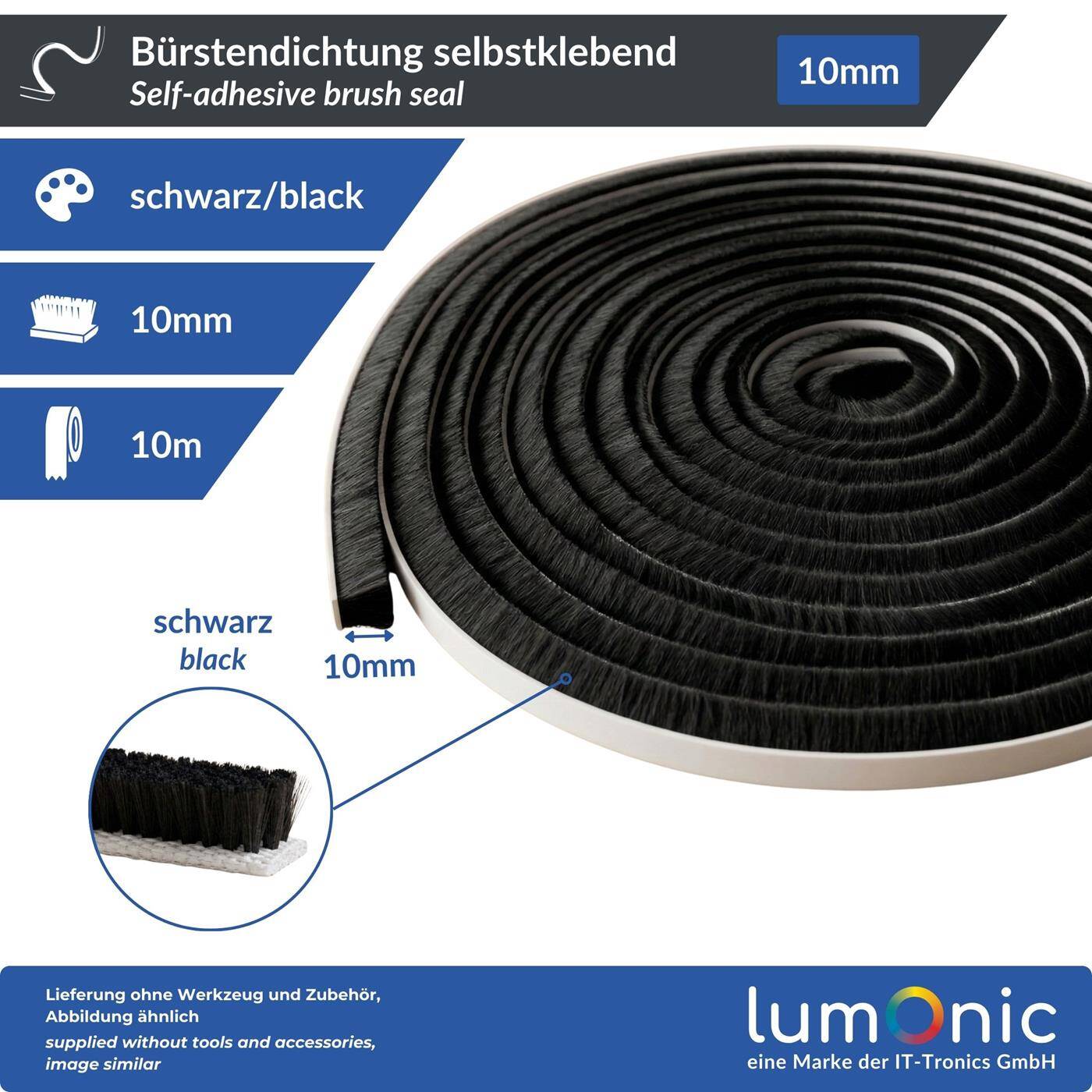 10m Brush seal black 10mm Self-adhesive + Can be cut to size Draught excluder Cold protection Insect screen for windows Doors Cupboard