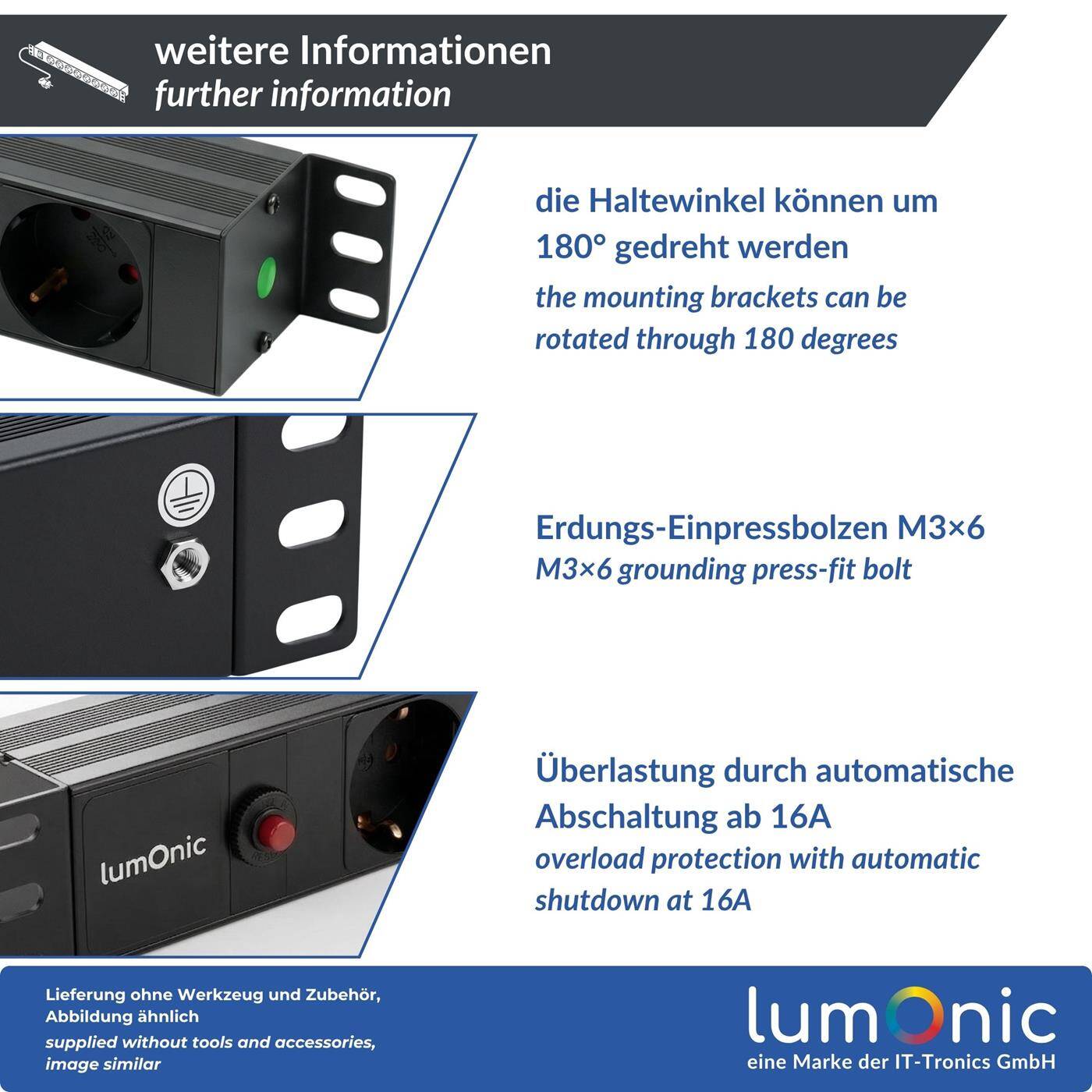 Lumonic 19" Steckdosenleiste | PDU 8-fach | Überlastschutz mit Reset-Knopf | 1HE, Aluminiumlegierung, schwarz | 2m Anschlusskabel 3G1,5 | 45° Schuko-Steckdosen | kurzzeitig max. 3680W | Rack, Serverschrank