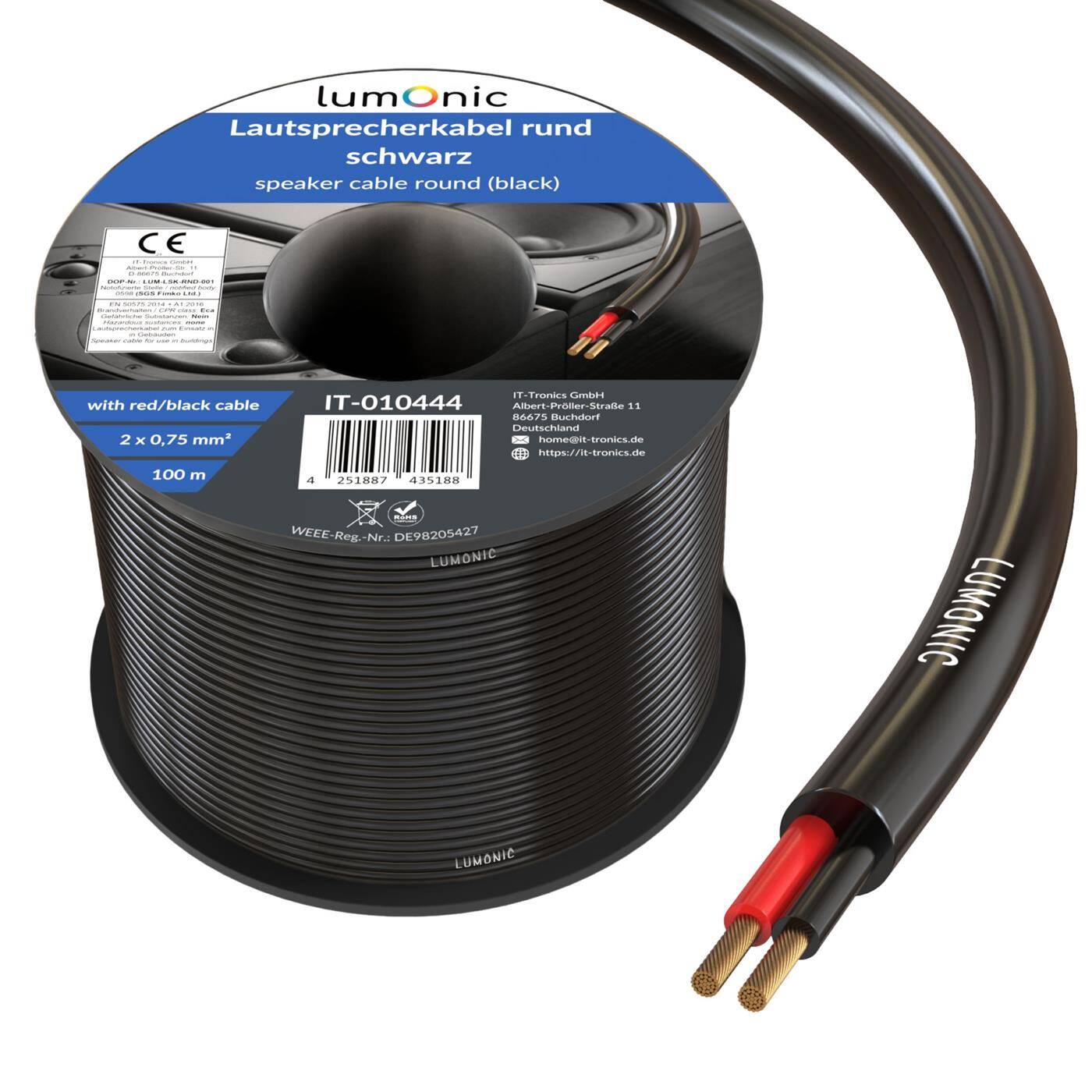 Lumonic Lautsprecherkabel 100m Schwarz  | 2x 0,75mm² CCA | HiFi Boxenkabel | Audio Rundkabel | Profi PA Installations- Audio- Rundkabel