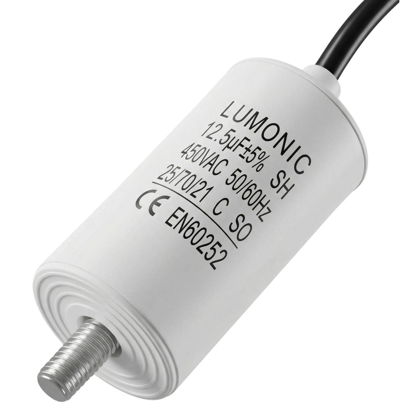 Lumonic Anlaufkondensator 12,5µF 450V | mit Kabel I 34x65mm I 12,5uF I Motorkondensator mit Kunststoffgehäuse I Betriebskondensator I für Pumpen, Rasenmäher, Werkzeuge