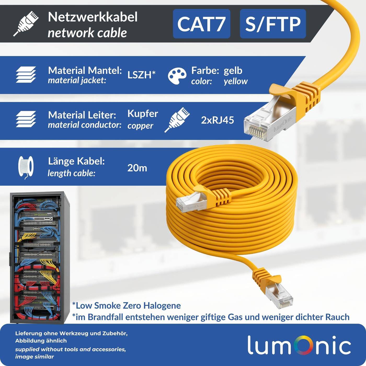Lumonic CAT7 Patchkabel S/FTP 20m | RJ45 | Gelb | Ethernet LAN | Netzwerkkabel