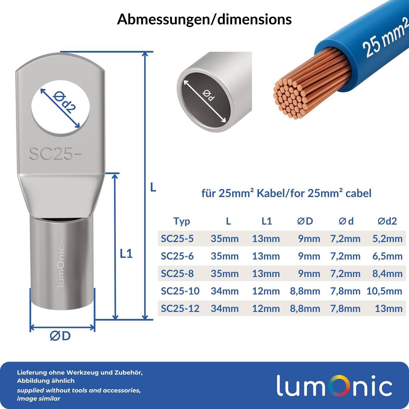 Lumonic 10x Tubular cable lug 25mm² blank | M6 | Tinned copper | Cable connection without soldering | SC25-6, Set of 10 crimp cable lugs, crimp connectors | Motor vehicle, mechanical engineering, motorhome, battery