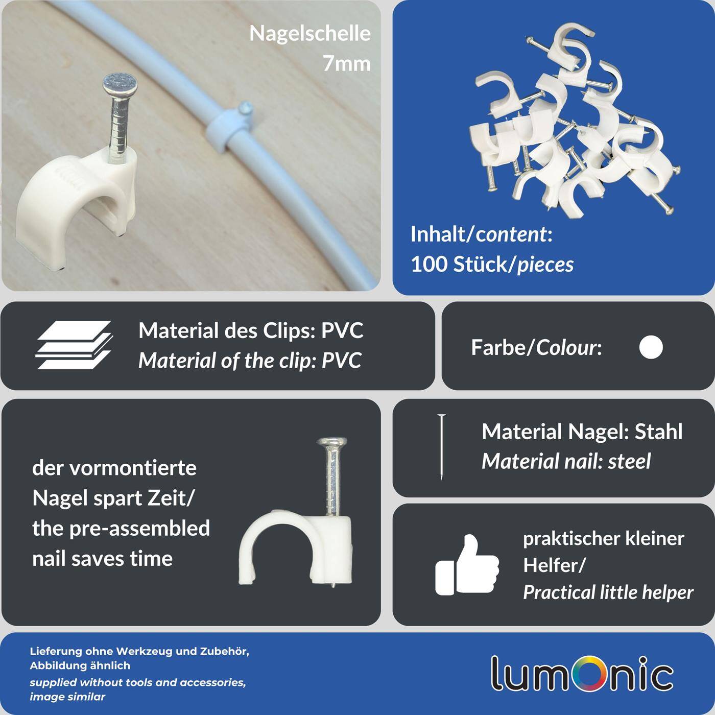 Lumonic 100x Nagelschelle 7mm für Kabel weiss - Kabelschelle mit 18mm Nagel z.B. zur Befestigung an der Wand - Kabelklemmen verschiedene Größen 4-14mm