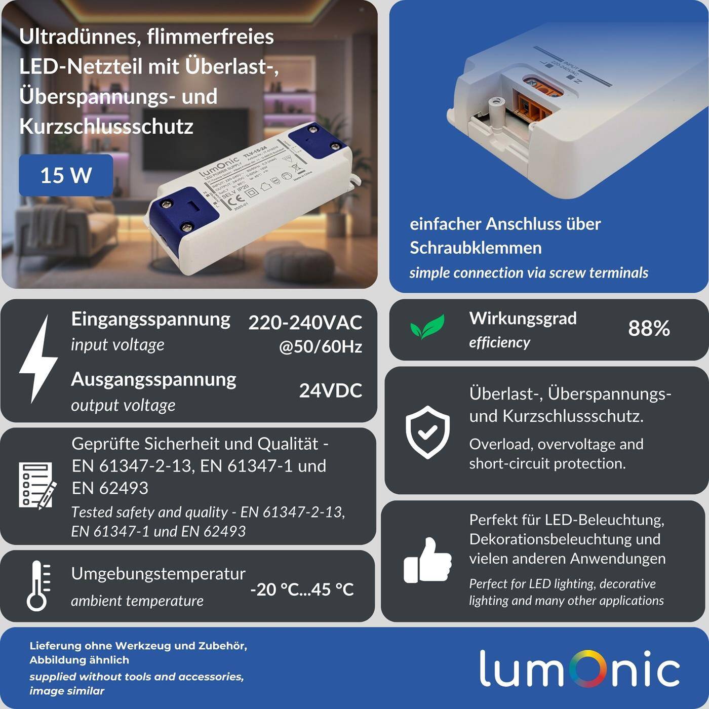 Lumonic I LED transformer TLV-15-24 I 24V 15W I Input 220-240VAC I flicker-free I Overload protection I LED power supply unit I for LED lighting