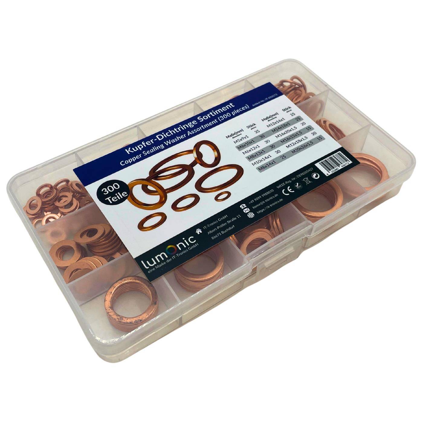 Lumonic Copper sealing ring range | 300 parts, 12 sizes M5-M20 | Copper flat gaskets | in practical assortment box
