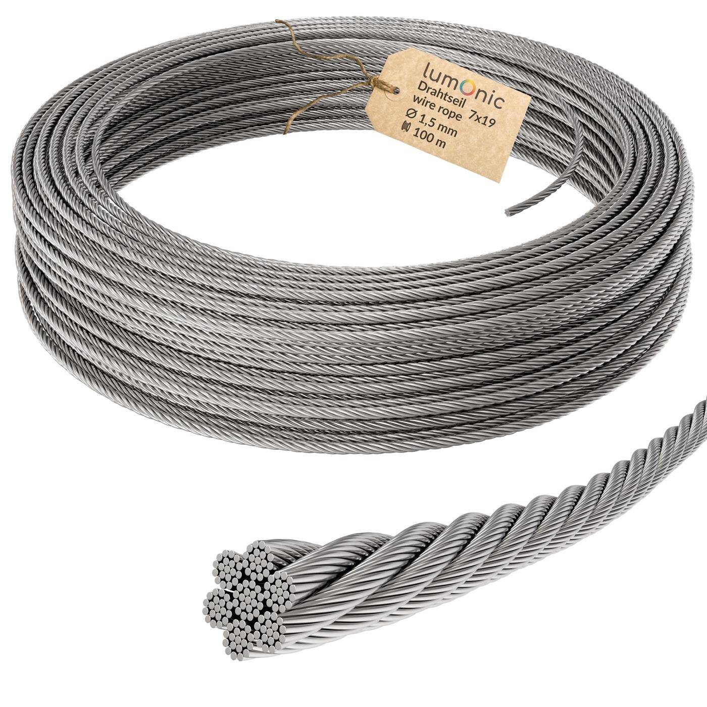 Lumonic Drahtseil 7x19 | 100m Ø1,5mm | V4A Edelstahl rostfrei | Stahlseil mit verzinnten Enden | für Rankhilfe, Wäscheleine, Lampen, Sichtschutz, Sonnensegel