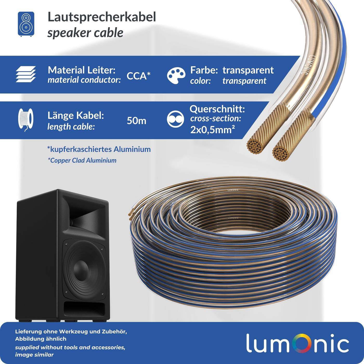 Lumonic Speaker cables | 50m Transparent | 2x 0,5mm² CCA | Blue marking HiFi speaker cable | Audio twin line