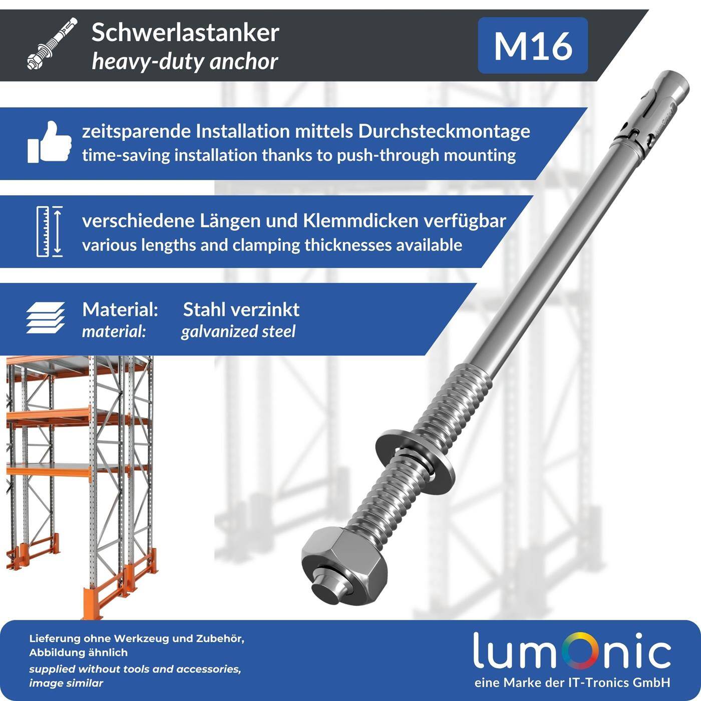 Lumonic Schwerlastdübel M16 x 315mm | hochwertige Keilanker verzinkt | Durchsteckmontage, SOFORT BELASTBAR | Betonanker, Schwerlastanker | für Überdachungen, Geländer, Regale, Trennwände