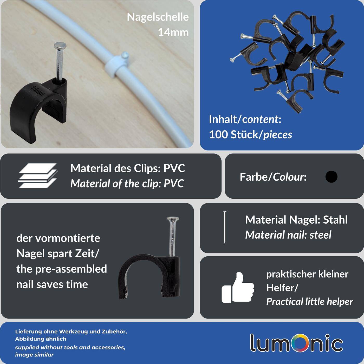 Lumonic 100x Nagelschelle 14mm für Kabel schwarz - Kabelschelle mit 30mm Nagel z.B. zur Befestigung an der Wand - Kabelklemmen verschiedene Größen 4-14mm