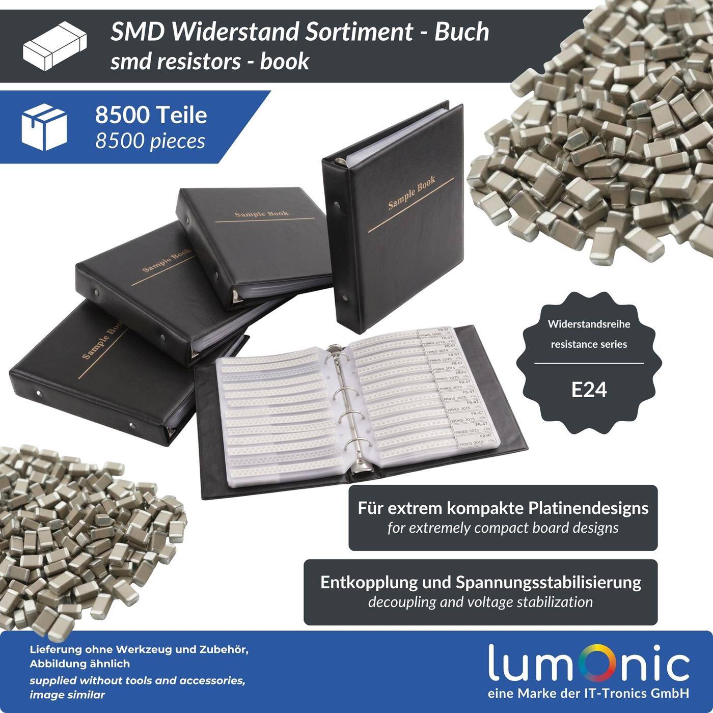 Lumonic SMD Widerstand 0805 Sortiment | 170 Werte je 50 Stück | E24 Reihe 8500 Stück | 1% Genauigkeit Widerstandsbuch | SMD Resistor Kit für Labor, Prototypen und DIY