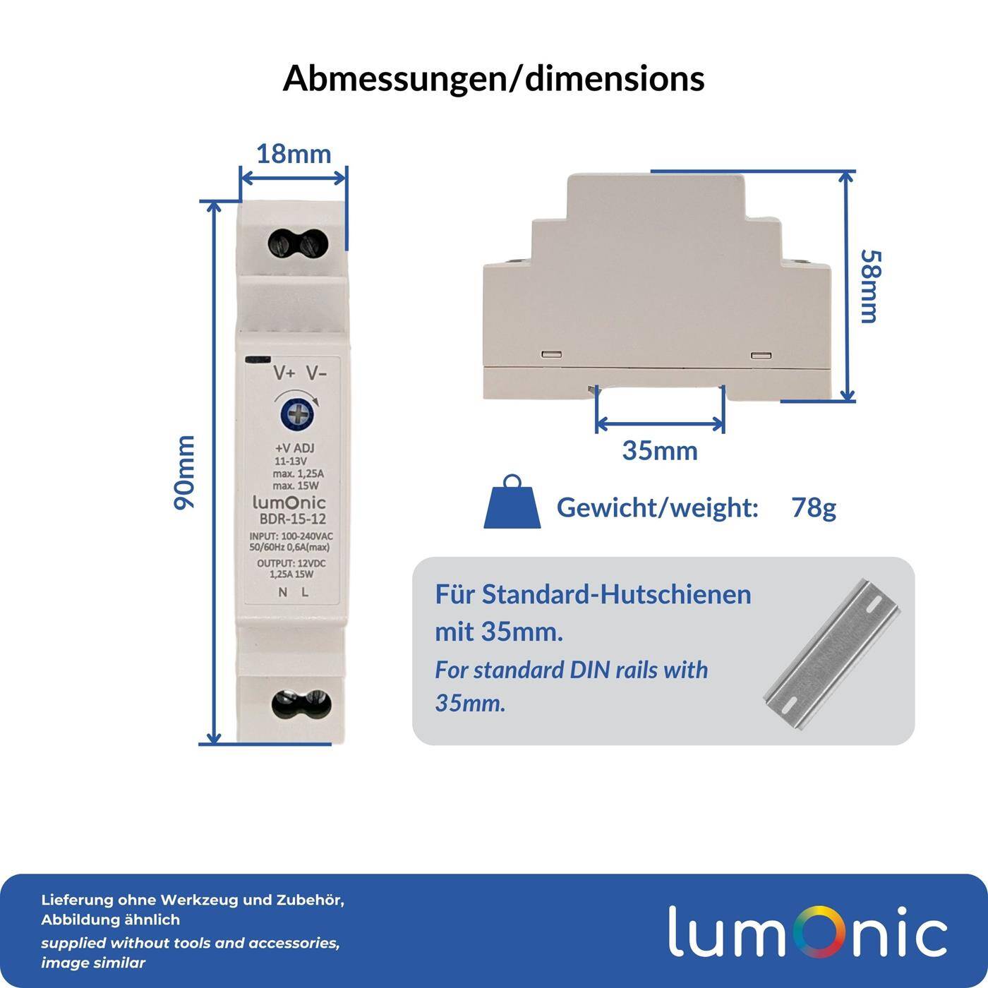 Lumonic I Netzteil Hutschiene BDR-15-12 I 12V / 15W I Input 100-240VAC I Überlastschutz & kurzschlussfest I DIN-Rail Schaltnetzteil I Schaltschrank & Verteilerkasten