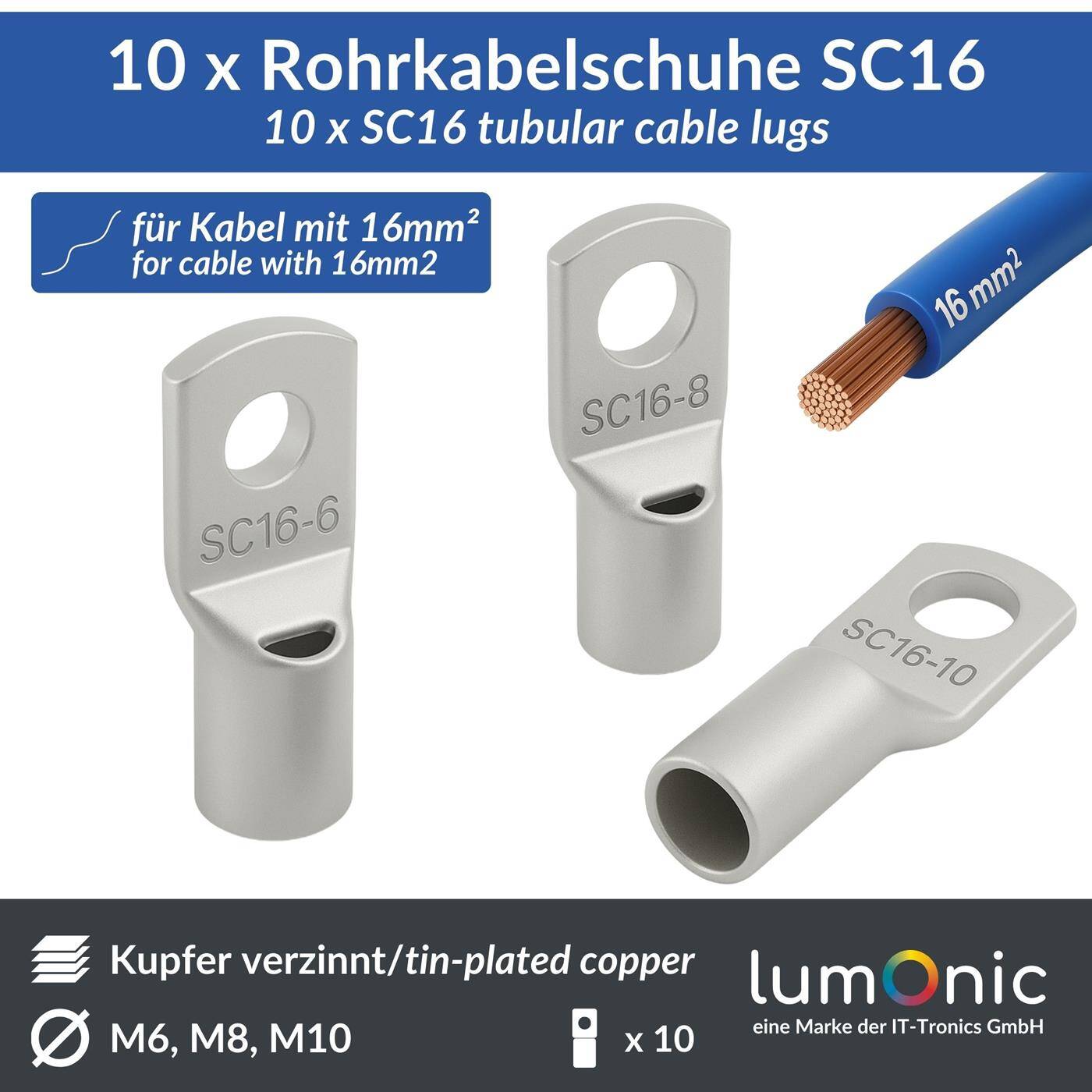 10x Rohrkabelschuh blank 16mm² Lochdurchmesser M6 SC16-6 Ringzunge Kupfer verzinnt