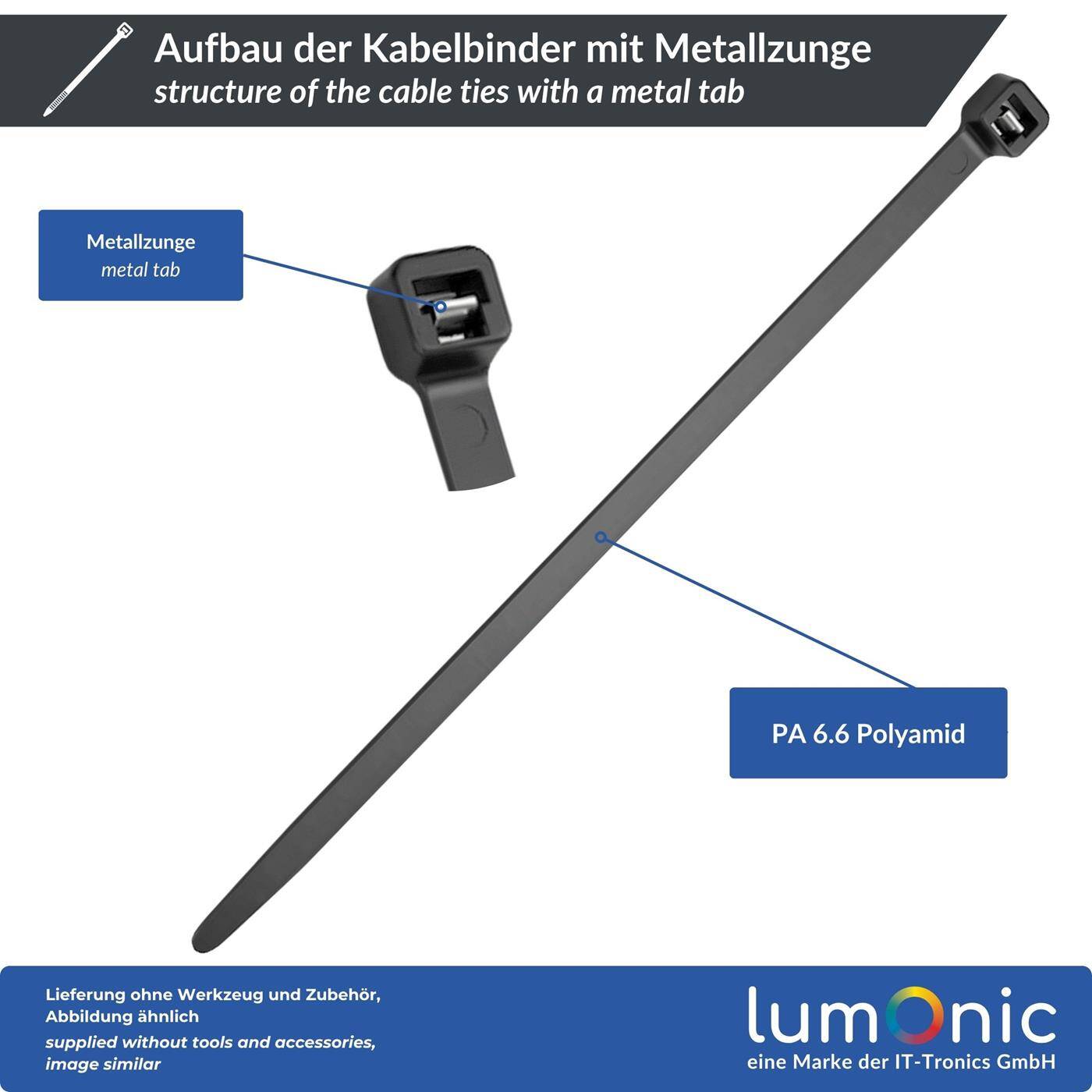 Lumonic 100 Stück Kabelbinder mit Metallzunge  | 186 × 4,5mm | bis 40kg Zugfestigkeit | Nylon PA6.6, UV-Beständig & Wetterfest | Industriequalität | Kabelmanagement, Werkstatt, Haushalt