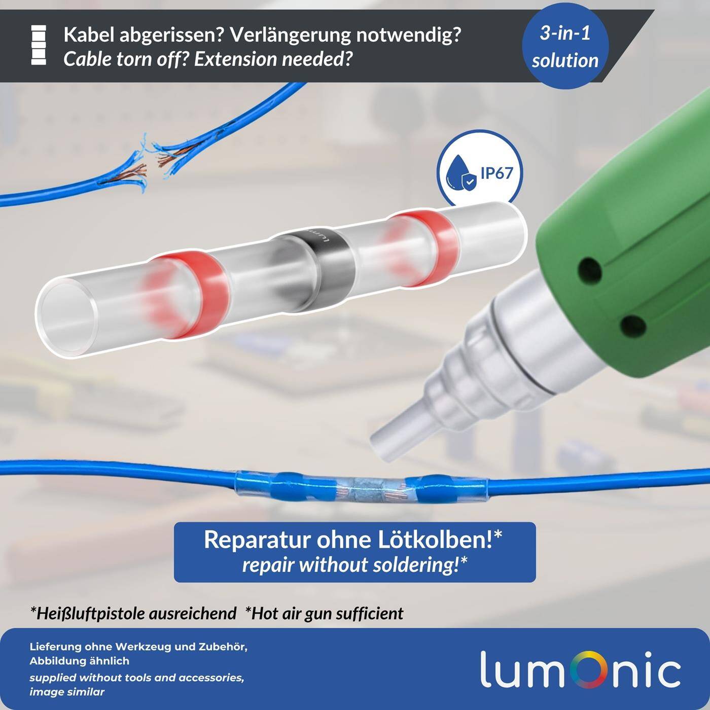 Lumonic 10x Schrumpf Lötverbinder  mit Schrumpfschlauch | 0,5-1,5mm² | Rot | WarmSchrumpf Kabelverbinder | Wasserdicht IP67 | Kabel Reparatur