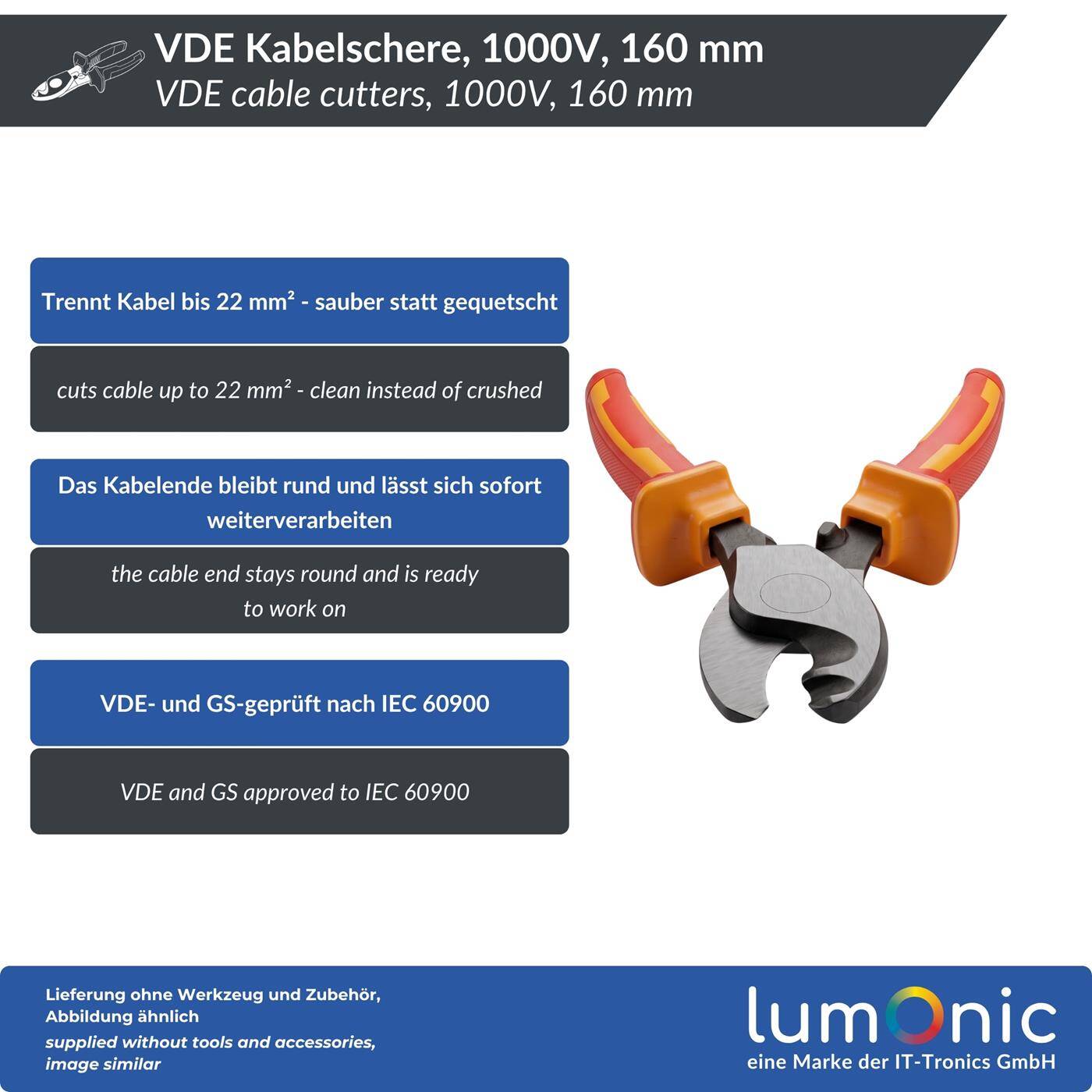 Lumonic VDE Cable Cutters 1000V, up to 22 mm², 160 mm - Hardened cutting edges, 60CrV steel, two-component handle, for supply cables in distribution systems and service connections