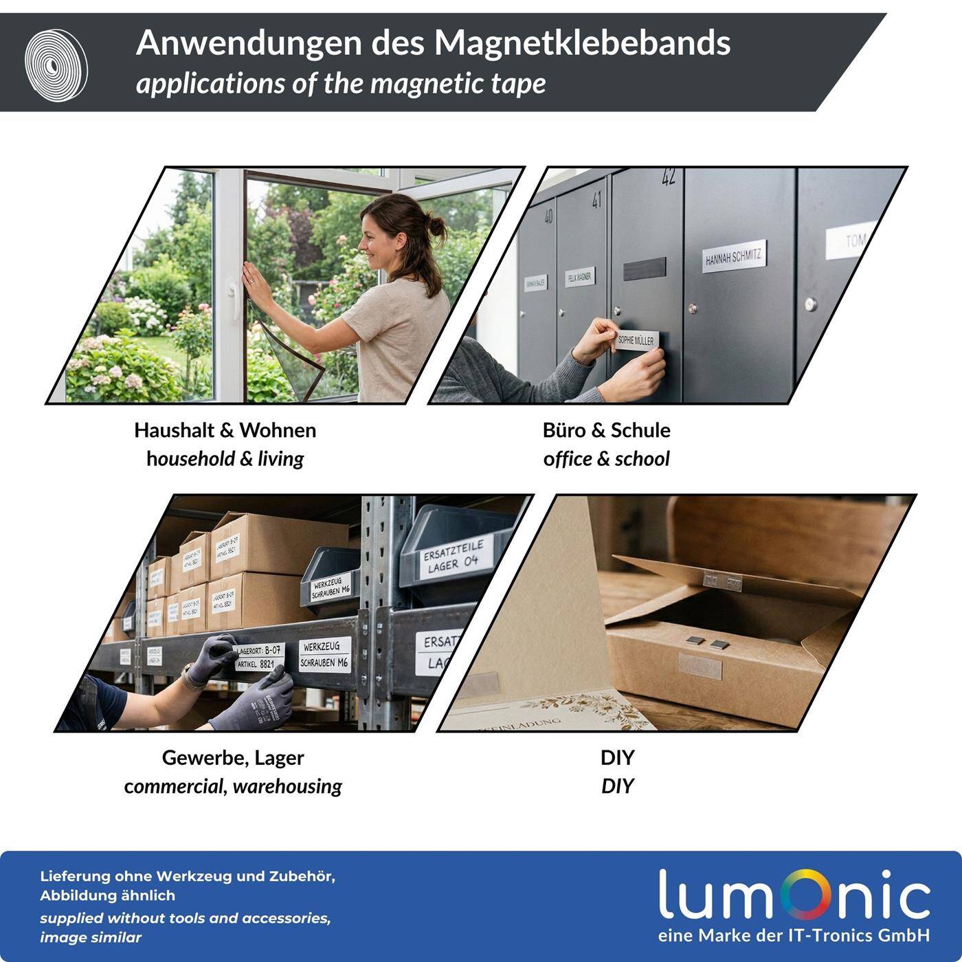 Lumonic 5m Magnetic tape | 40x2mm | Flexible, self-adhesive, can be cut to size, without drilling | Fly screen, school and blackboard