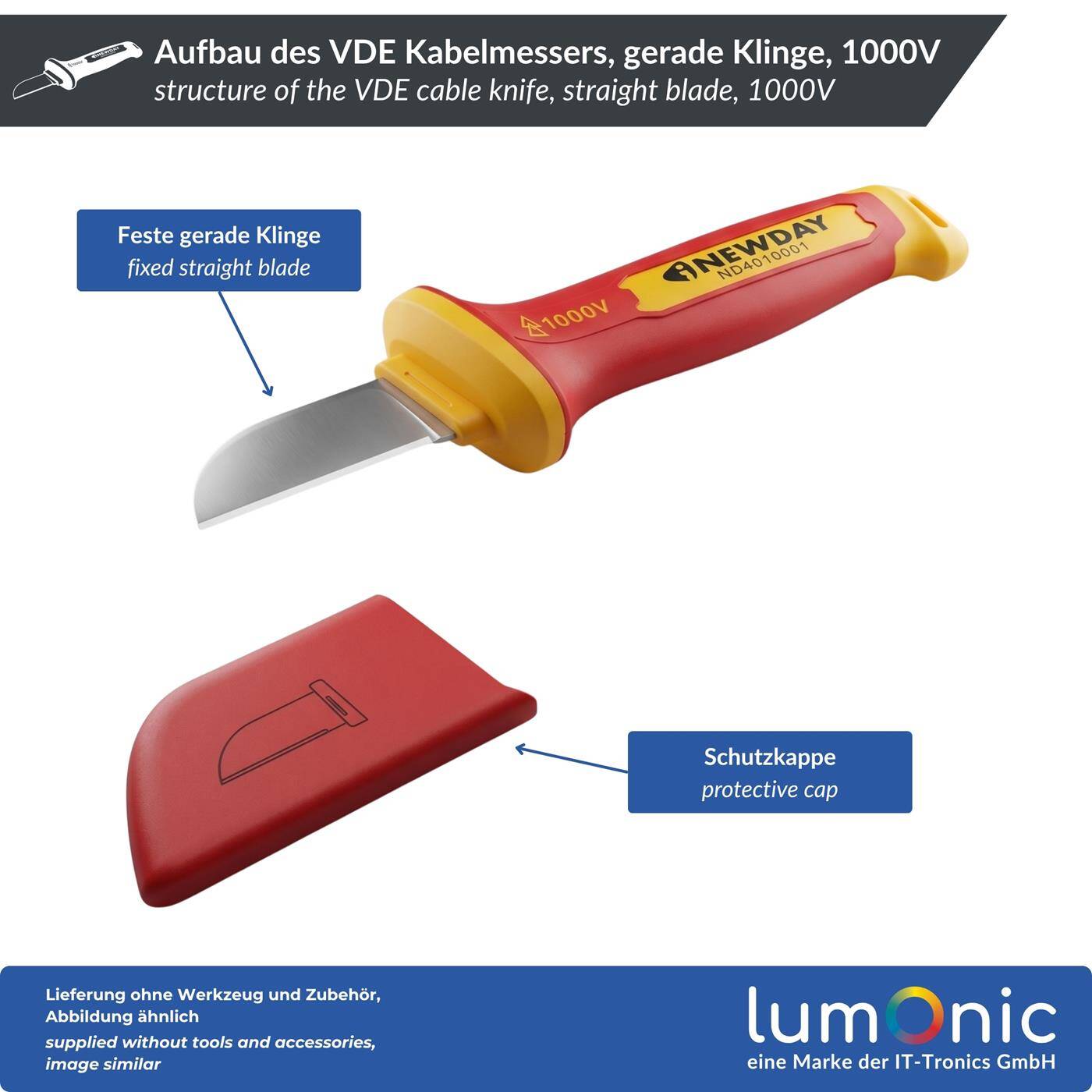 Lumonic VDE Cable Cutter 1000V, Straight Blade - 5Cr13 blade steel, protective cap included, non-slip two-component handle, for electricians