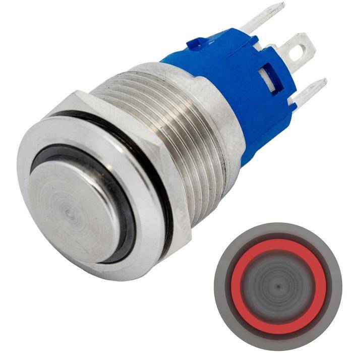 Edelstahl Drucktaster erhaben Ø19mm Ring LED Rot IP65 2,8x0,5mm Pins 250V 3A Vandalismussicher
