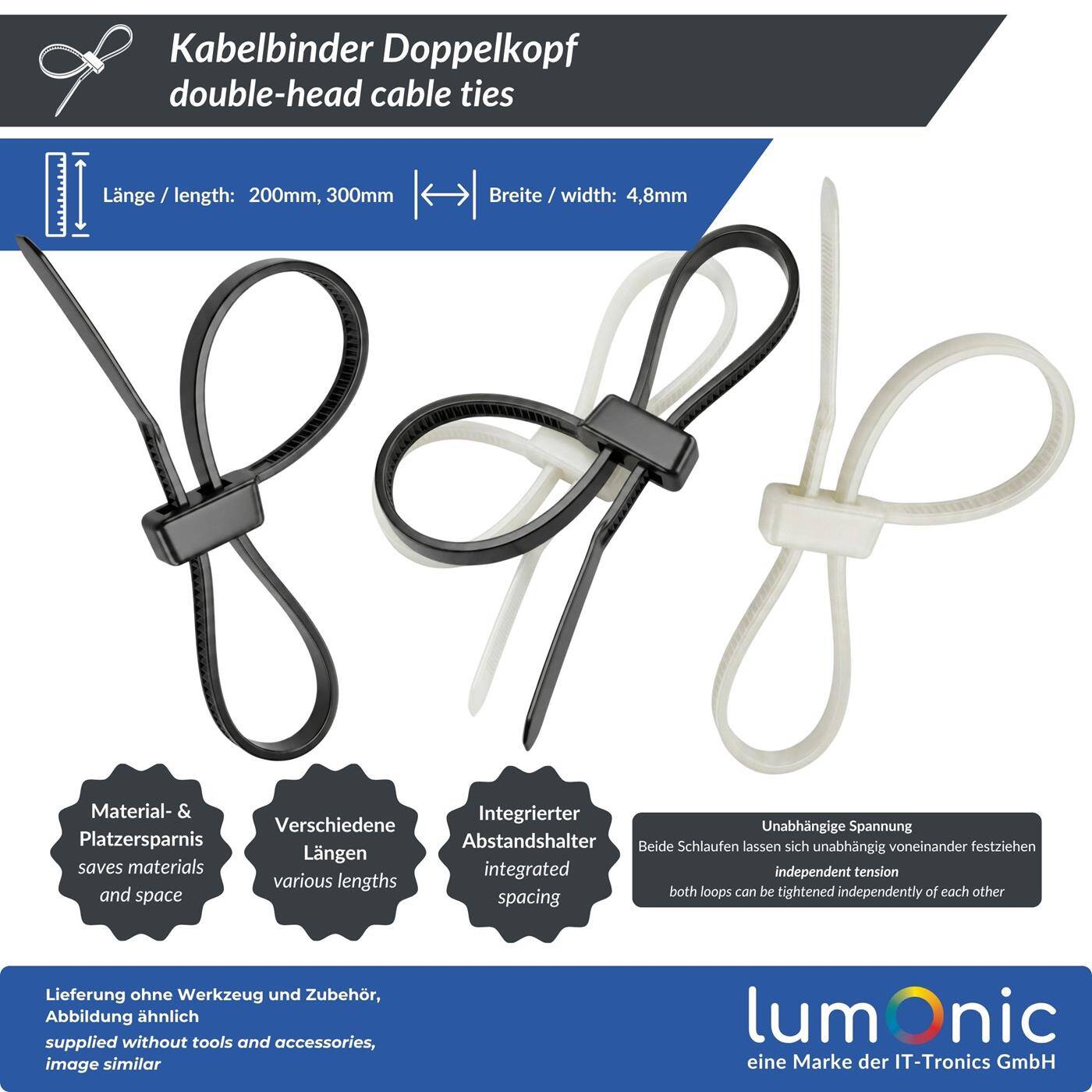 Lumonic 100 Stück Kabelbinder Doppelschlaufe  | 200 × 4,8mm | bis 22kg Zugfestigkeit | Nylon PA6.6, UV-Beständig | Zwei Bündel an einem Fixpunkt | Kabelmanagement, Industrie, Haushalt