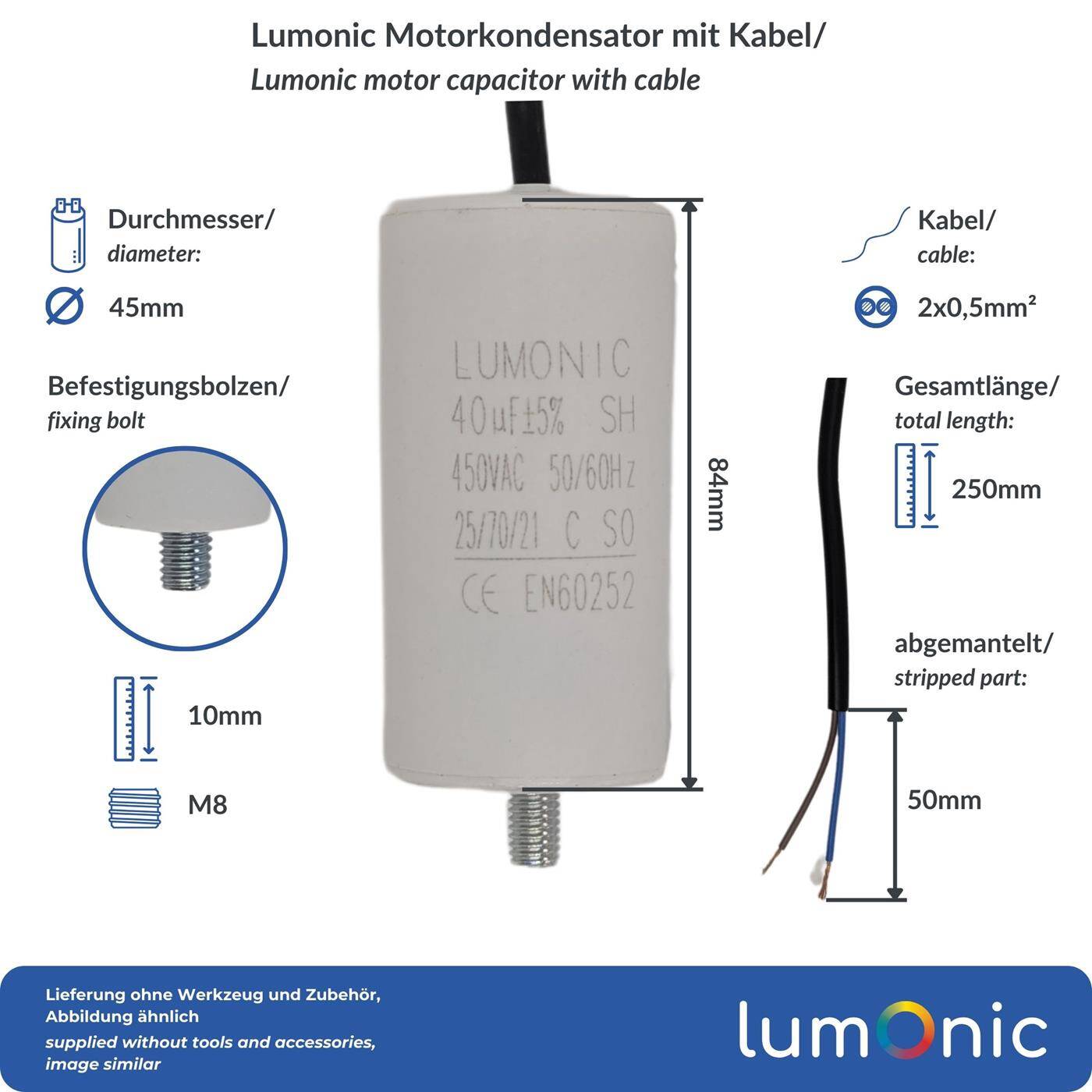 Lumonic Anlaufkondensator 40µF 450V | mit Kabel I 45x84mm I 40uF I Motorkondensator mit Kunststoffgehäuse I Betriebskondensator I für Pumpen, Rasenmäher, Werkzeuge