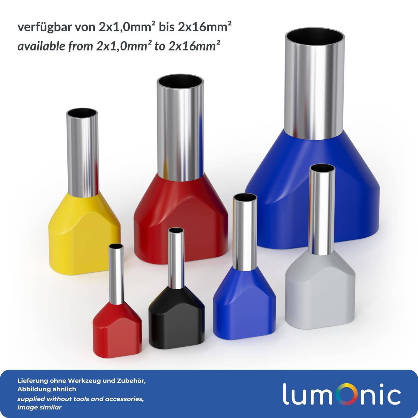 Lumonic 50 x 16mm² TWIN Aderendhülsen isoliert blau I Die Länge der Zwillingsaderendhülse für 2 Leitungen beträgt 16mm I Verzinnt zum Schutz gegen Korrosion
