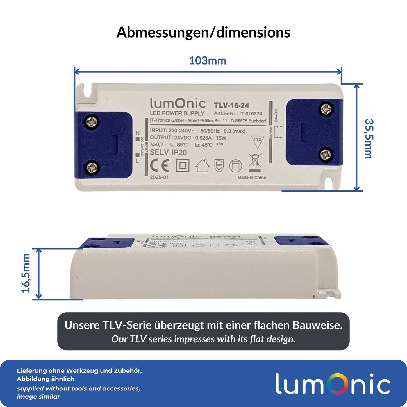 Lumonic I LED transformer TLV-15-24 I 24V 15W I Input 220-240VAC I flicker-free I Overload protection I LED power supply unit I for LED lighting
