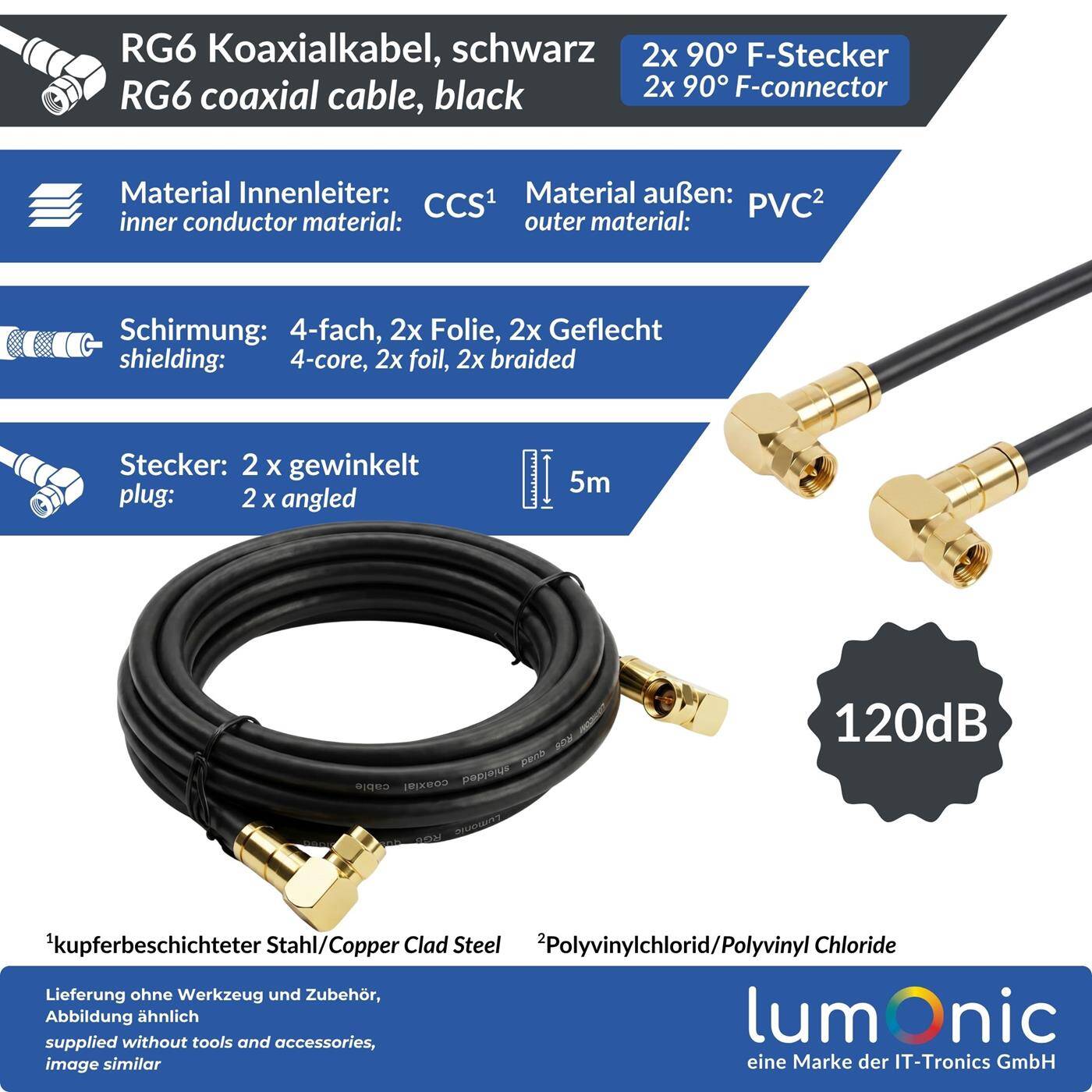 Lumonic 5m Antenna cable RG6 | 2x gold-plated F plugs angled at 90° | black | 4-fold shielded 120dB | ready-made | Coaxial cable, satellite cable, DVB-T2, cable internet