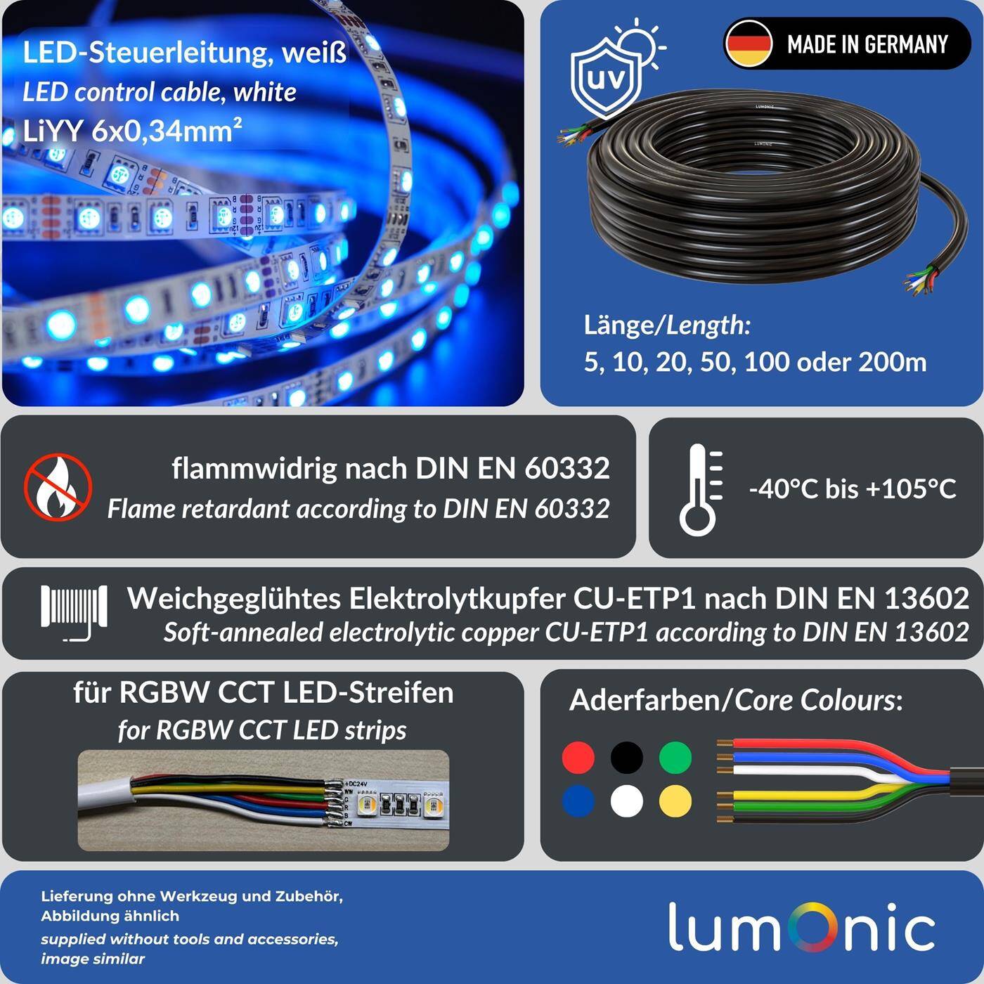 1m RGBW CCT LED Control cable 6x 0,34mm² LiYY Extension 6 wire Power cable Black UV resistant
