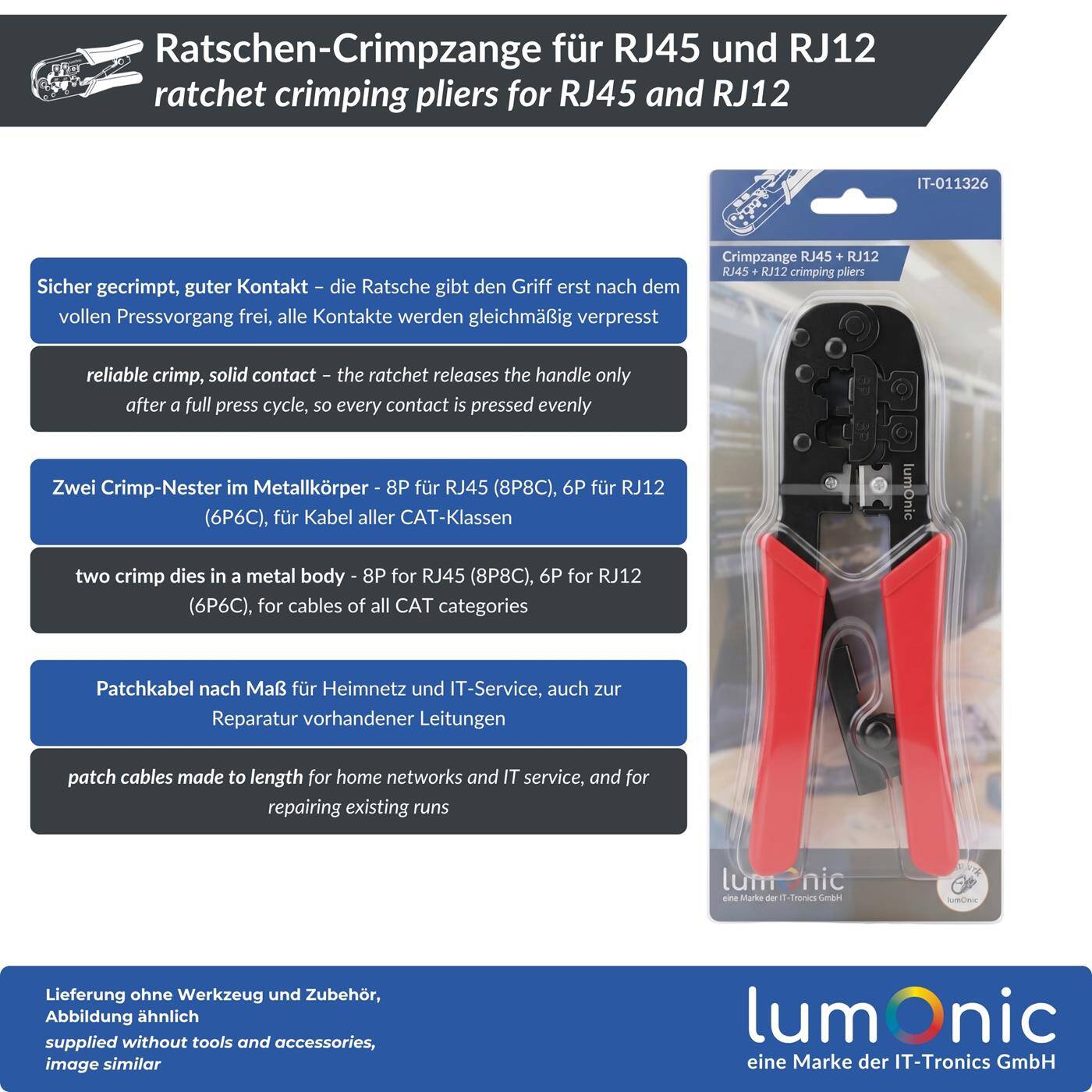 Lumonic Ratchet crimping pliers for RJ45 and RJ12 - ratchet mechanism, metal body, RJ45 and RJ12 dies, for all CAT classes, network crimping pliers for network connectors