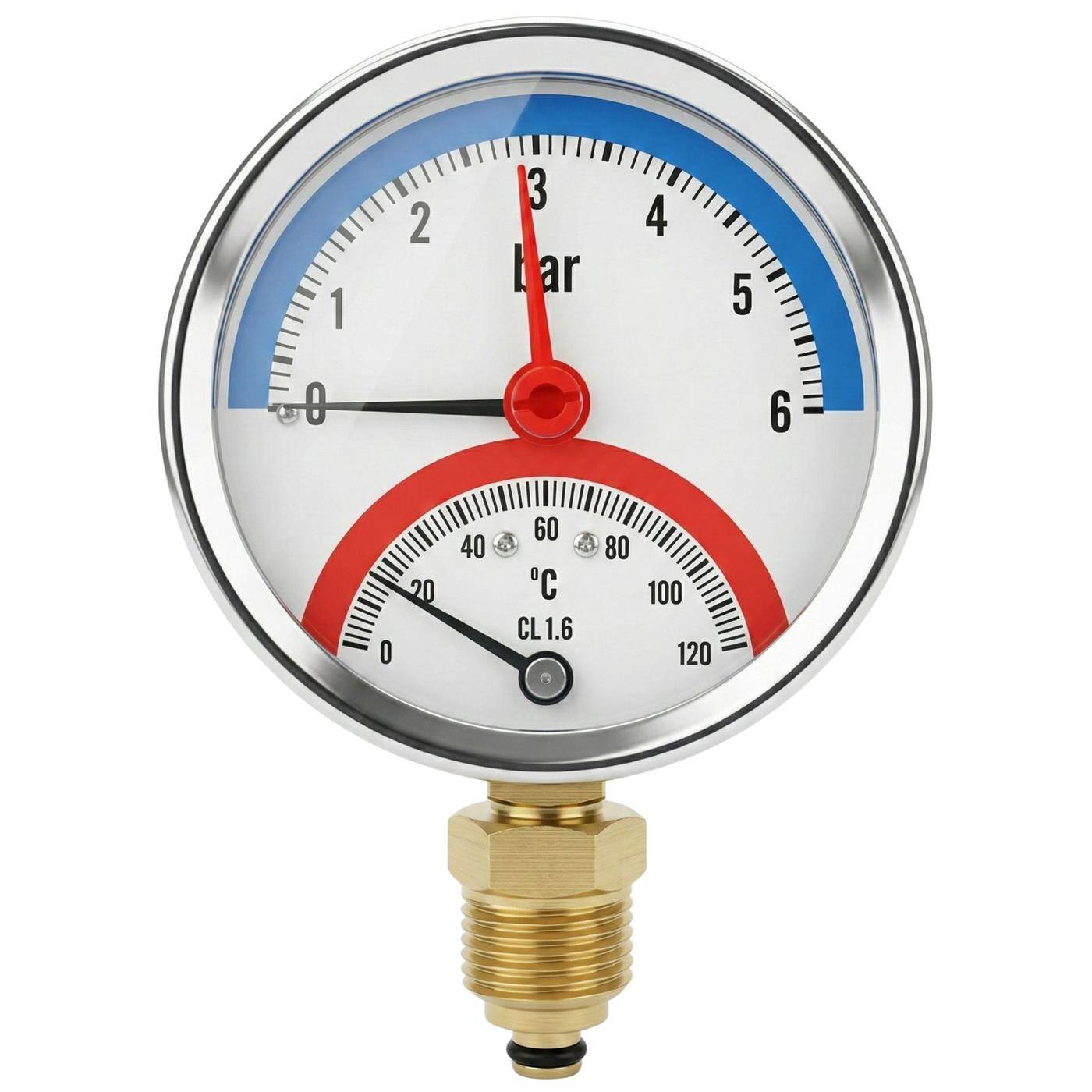 Thermomanometer 6bar 0-120°C 1/4 + 1/2 Zoll (Adapter) Anschluss unten Ø 80mm große Skala Heizung Manometer Metallgehäuse