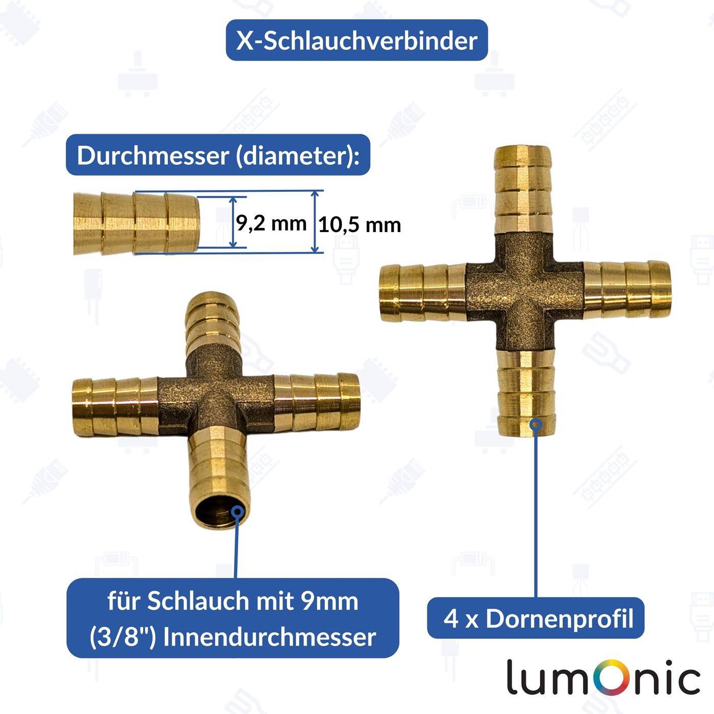 X-hose connector for 9mm (3/8") hose made of brass Cross connector X-piece with spike profile Compressed air for workshops, businesses and DIY enthusiasts