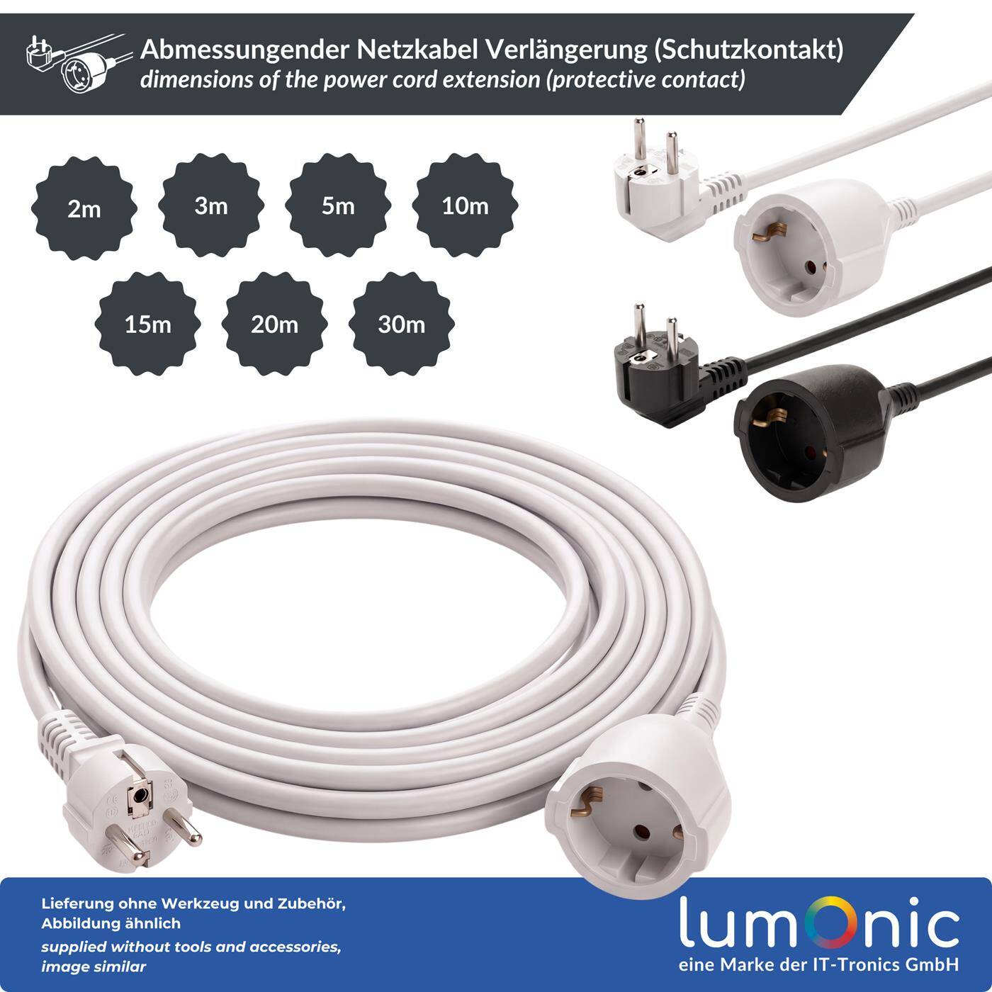 Lumonic Schuko Extension Cord, Black, 10 m, 230 V - Child-safety feature in the outlet, for washing machines and dishwashers, kink protection on the plug