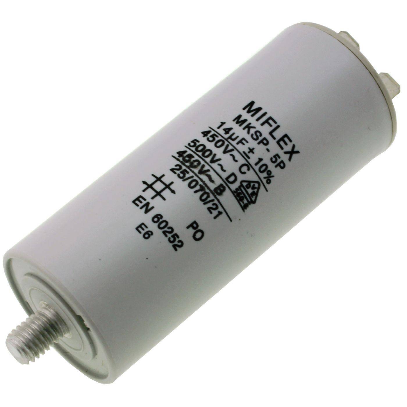 Anlaufkondensator Motorkondensator 14µF 450V 35x83mm Stecker 6,3x0,8mm Miflex 14uF