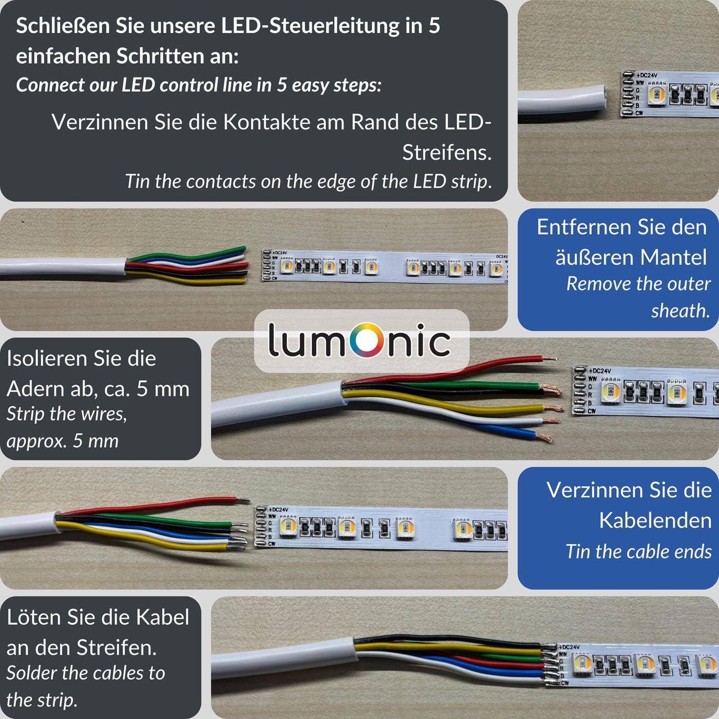 1m RGBW CCT LED Control cable 6x 0,34mm² LiYY Extension 6 wire Power cable Black UV resistant
