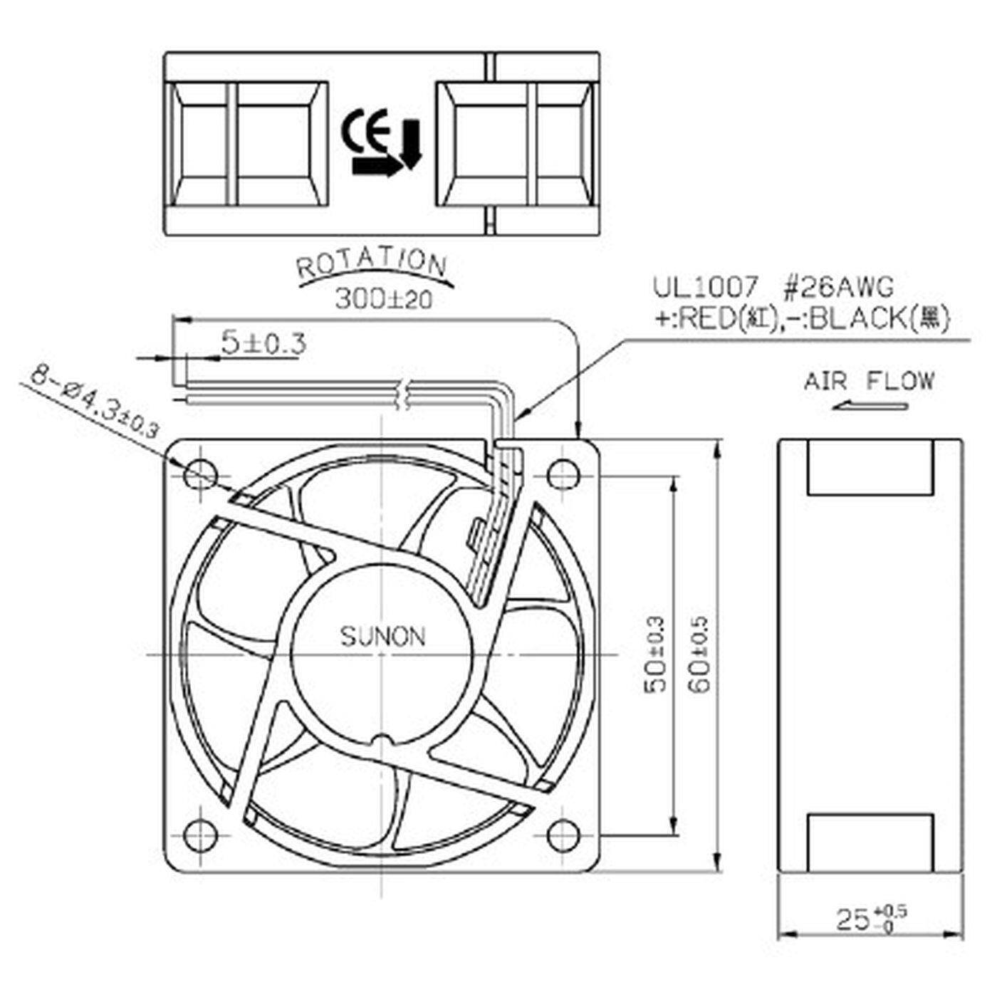 Lüfter 12V DC 0,6W 60x60x25mm 23,6m³/h 3000U/Min 23,6m³/h Sunon EE60251B3-A99