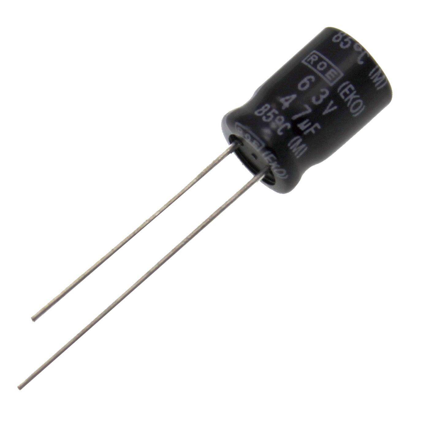 Elko Kondensator Radial 47µF 63V | Elektrolytkondensator bis zu einer Temperatur von 85°C | 10x12,5mm | 47uF EKO00PB247J00K Vishay