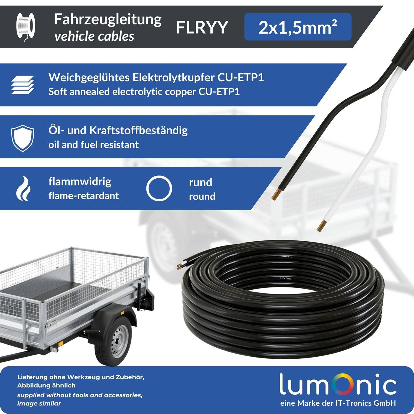 1m FLRYY Fahrzeugleitung 2x1,5mm² rund Kabel KFZ Anhängerkabel Niedervolt